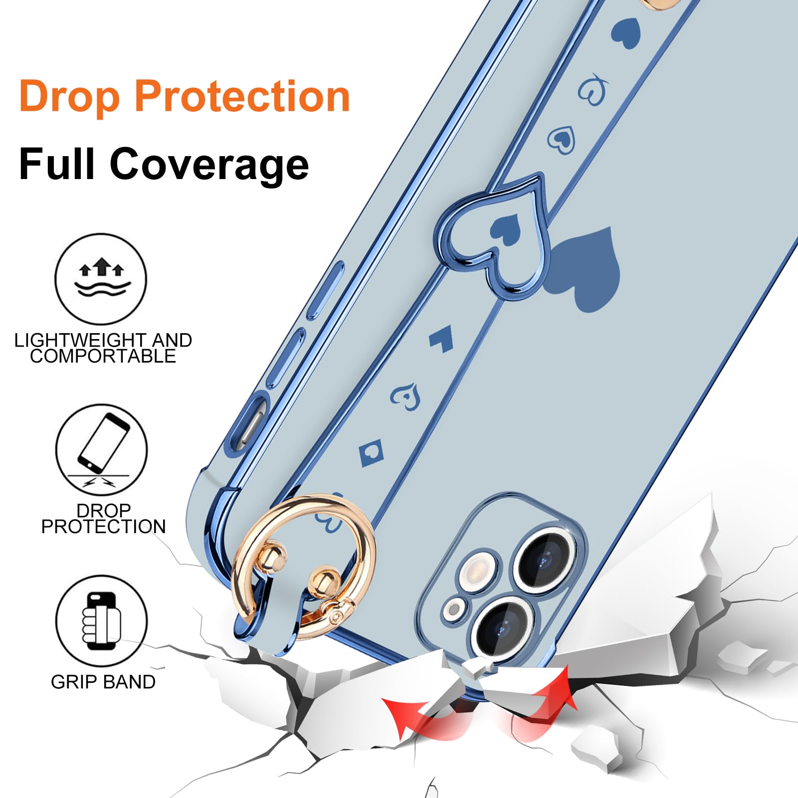 Llz.Coque For Iphone 11 Case Cute Love Heart Plating Strap Phone Cover For Women Girls Bling Soft Silicone Camera Lens Protectio