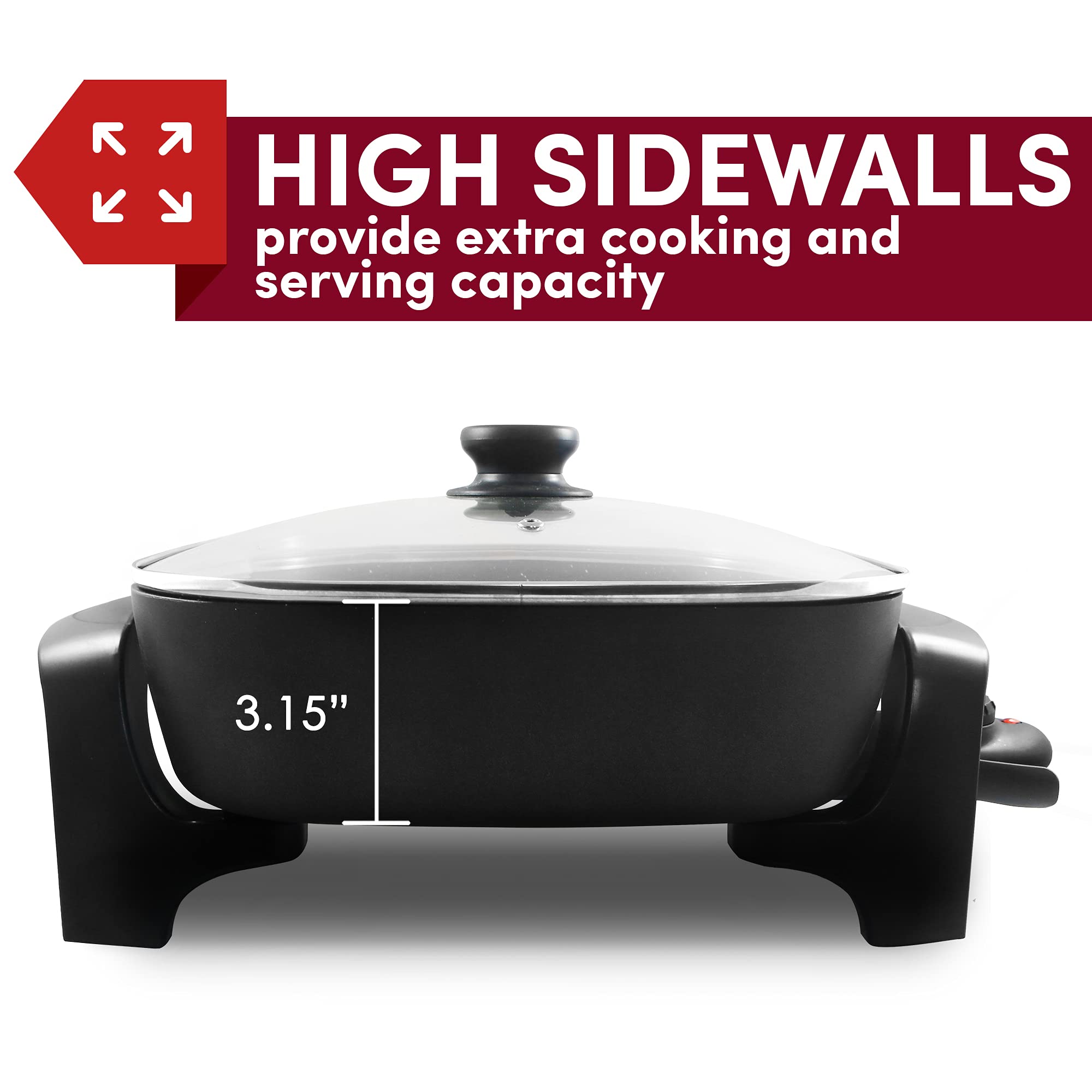 Elite Gourmet Eg6201 Extra Deep 12''X12''X3.2'' (7.5Qt.) Scratch Resistant Dishwasher Safe, Non Stick Electric Skillet With Glas