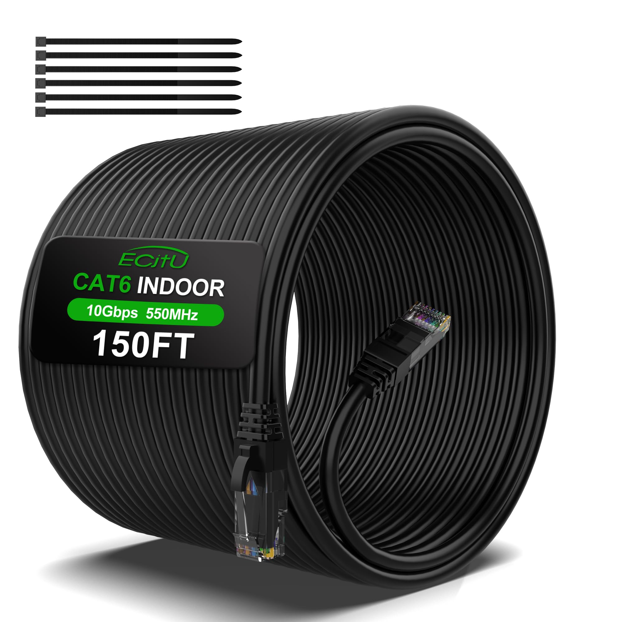 150Ft Cat6 Ethernet Cable, Cat 6 Patch Cable, Cat6 Internet Cable, Utp Network Cable, Indoor And Outdoor, Poe, 24Awg Cca, Compatible For Pc, Laptop, Router, Switch, Server, With 25 Cable Ties   Black