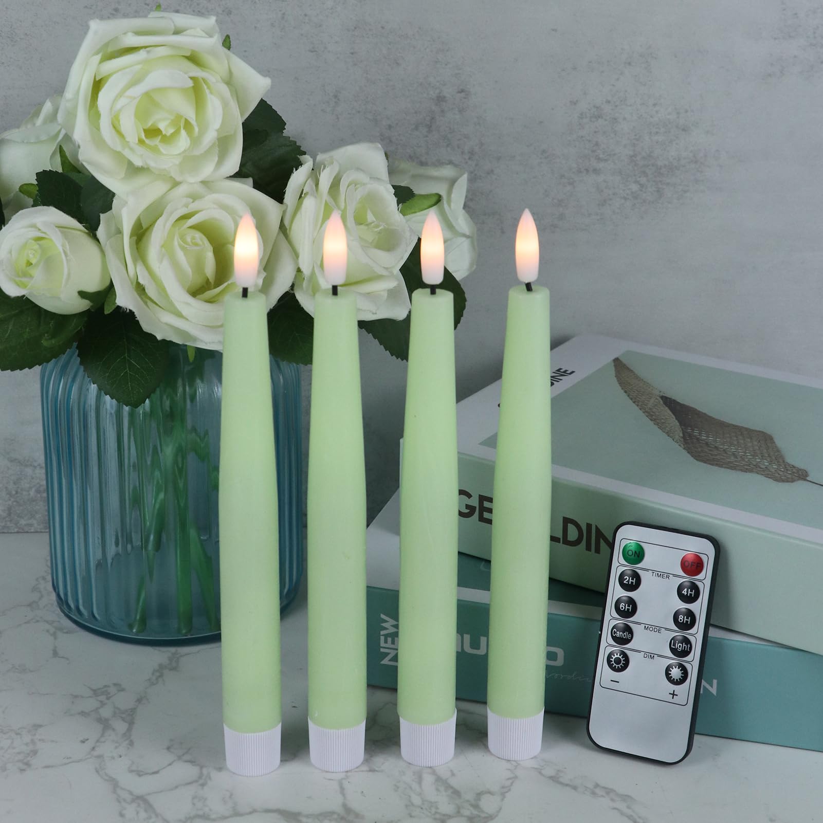 Dromance Short Flameless Taper Candles With Remote And Timer Battery Operated 6 Pack Green Led Taper Candles Real Wax 3D Wick Fl