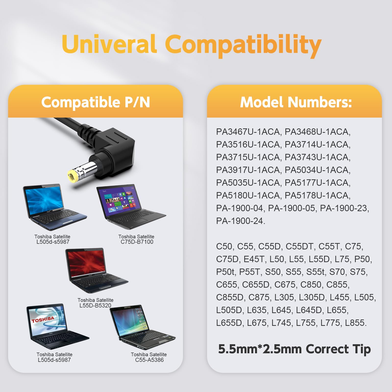 Laptop Charger For Toshiba Satellite Pa3468U-1Aca, Pa3516U-1Aca, Pa3714U-1Aca, Pa5035U-1Aca, Pa5177U-1Aca, Pa5180U-1Aca, Pa3467U