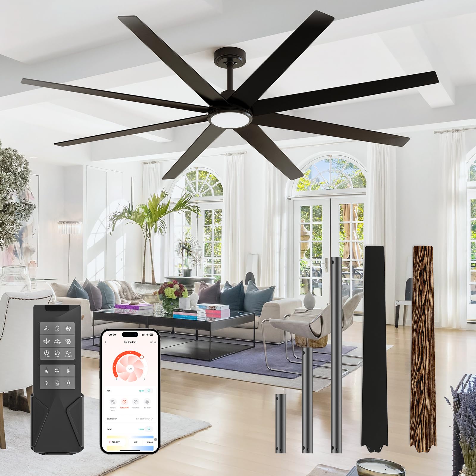 CubiCubi Ceiling Fans with Lights and Remote - 72 inch Black Large Ceiling Fan for Inoor/Outdoor Bedroom Living Room Kichen Pati