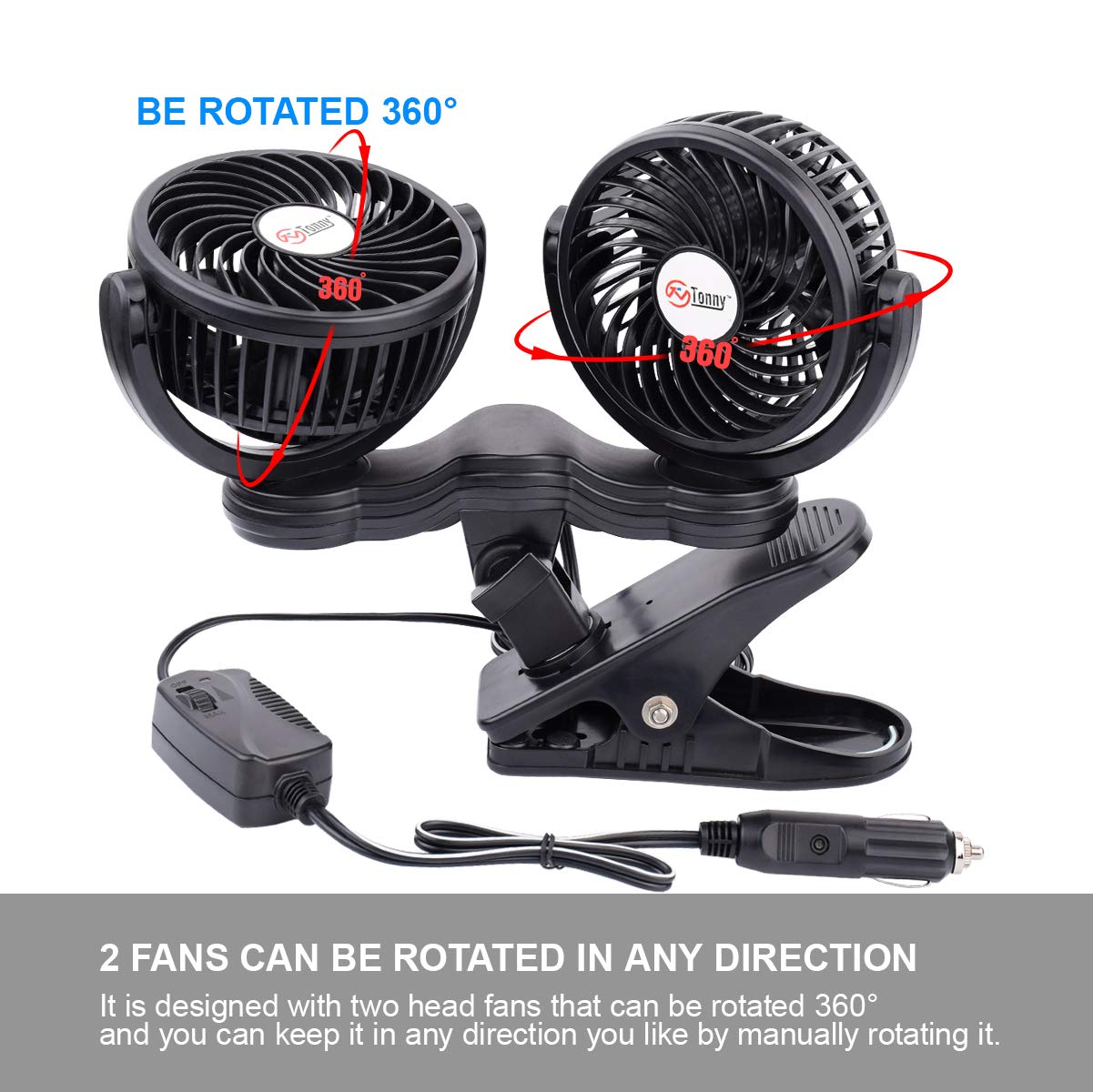 Tn Tonny Flexible Dual Head Car Fan, 4 Inches Electric Car Clip Cooling Fans 180 Rotatable, Car Back Seat 12V Air Cooling Fan Wi