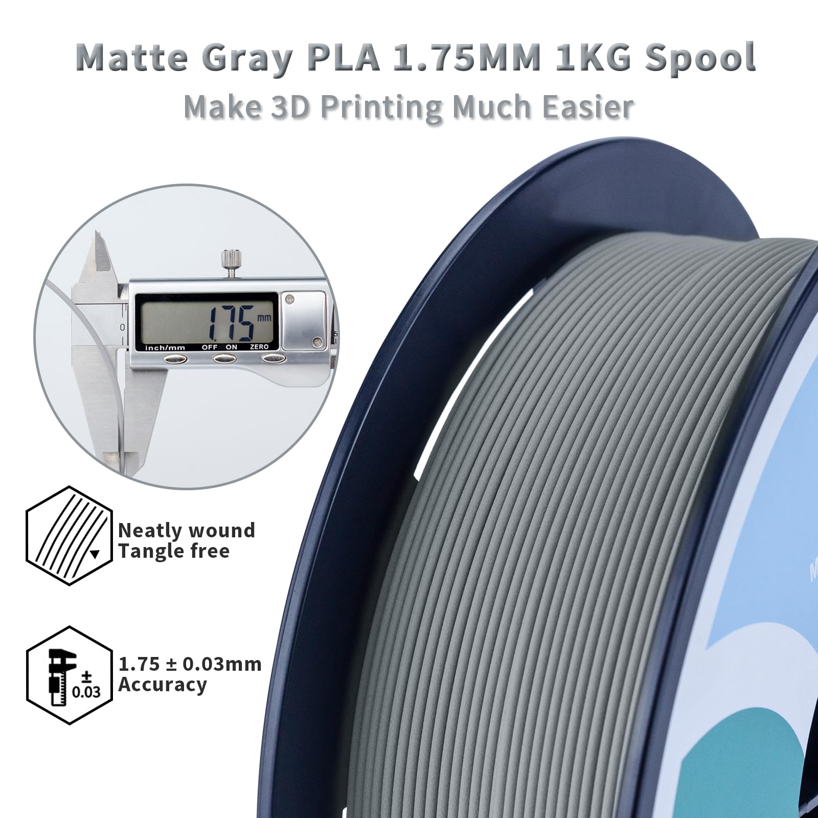 Ziro Matte Pla Filament 1.75Mm,1Kg 3D Printer Filament,High Toughness Pla,Dimensional Accuracy +/- 0.03Mm, Matte Gray