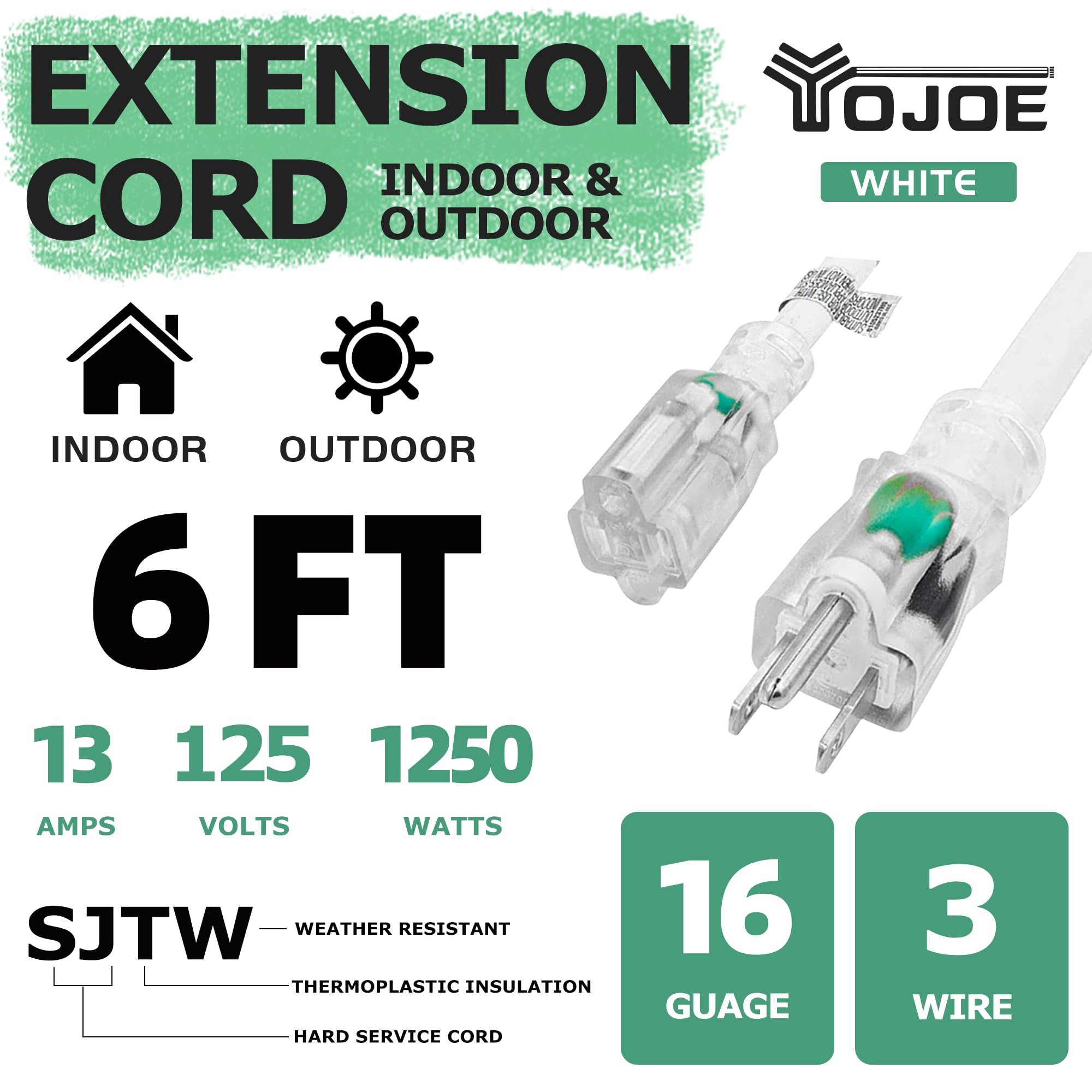 Yojoe Indoor Outdoor Extension Cord With Lighted End, 3 Prong 13A Weatherproof Power Extension Cord, 16 Gauge Heavy Duty 6 Ft Wh