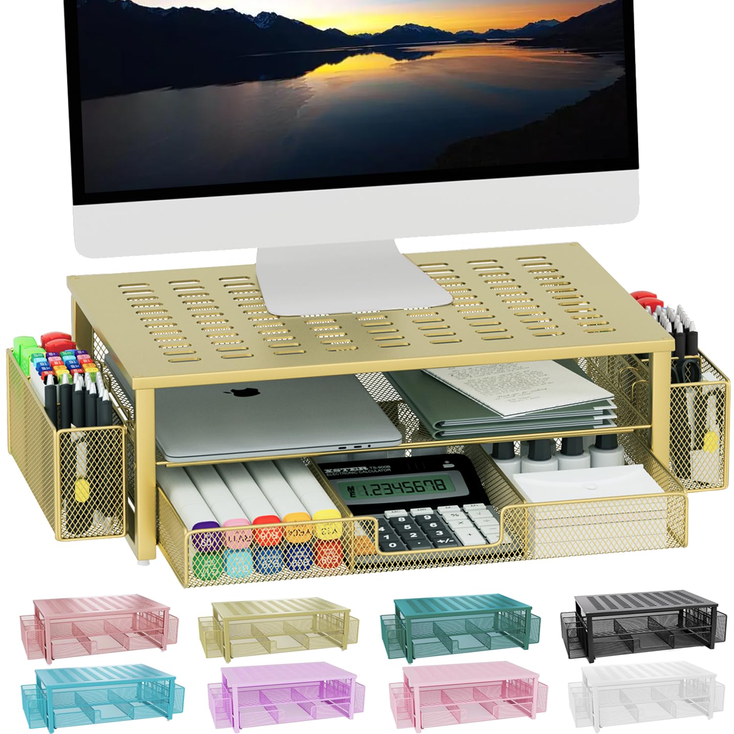 Gianotter Monitor Stand With Drawer And Pen Holder, Desk Organizers And Accessories, 2 Tier Monitor Riser, Ideal For Office Supp