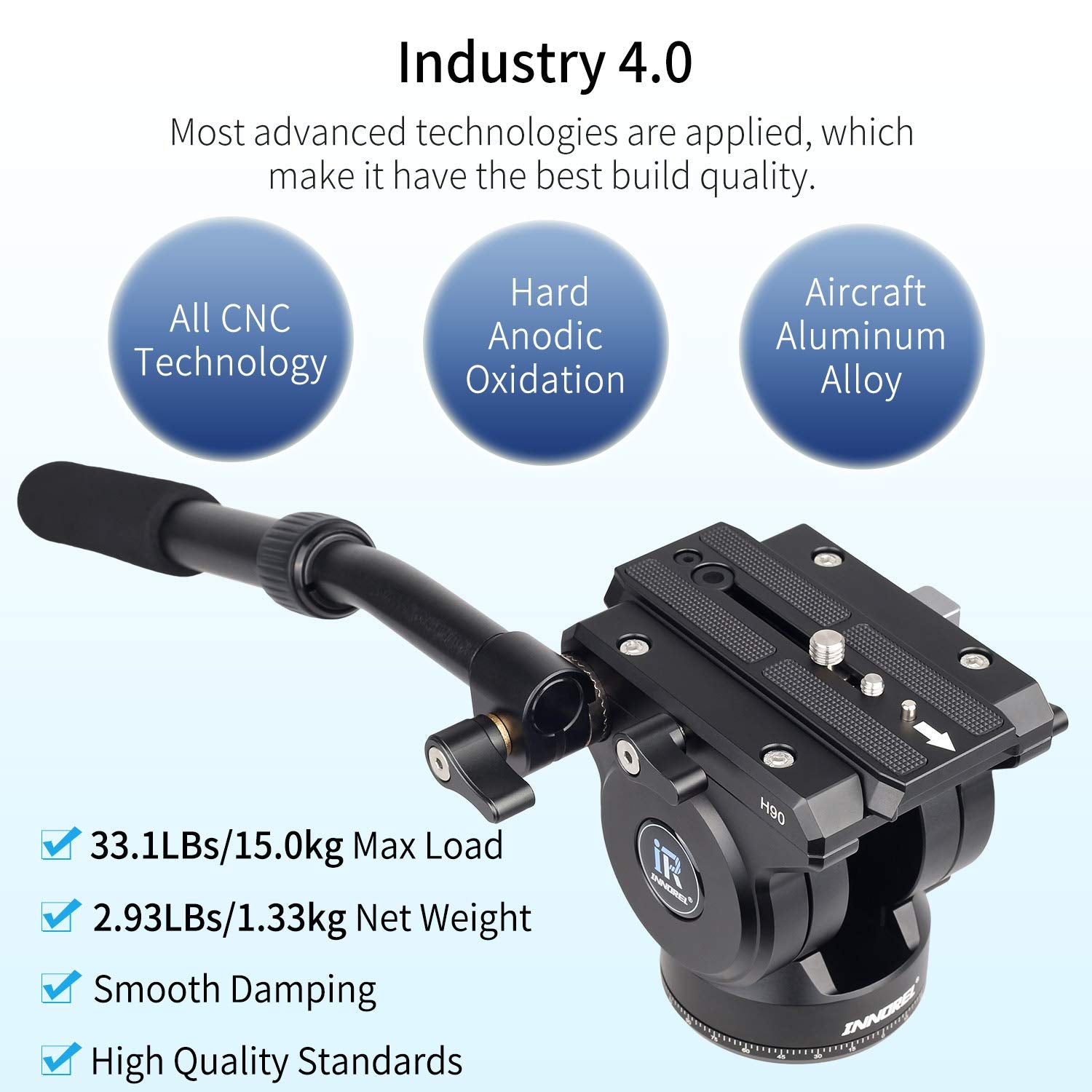 Video Fluid Head Tripod Drag Pan Head Innorel H90 Cnc All Metal Panoramic Tripod Head For Dslr Cameras Camcorders Tripod Monopod With 3/8' 1/4' Mounting Screw Sliding Plate, Max Load 33Lbs/15Kg