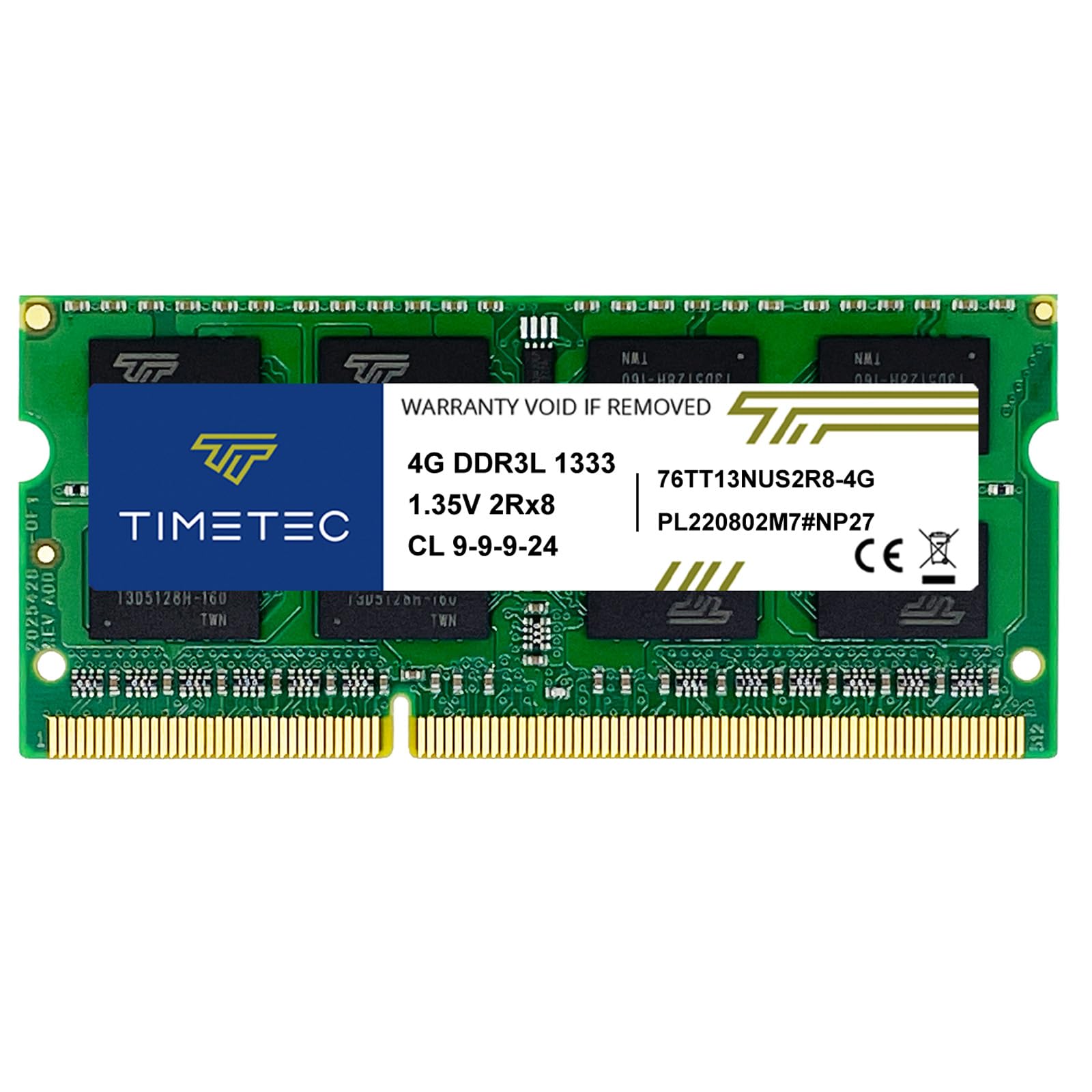 Timetec 4Gb Ddr3 / Ddr3L 1333Mhz Pc3 10600 Non Ecc Unbuffered 1.5V / 1.35V Cl9 2Rx8 Dual Rank Low Density 204 Pin Sodimm Laptop