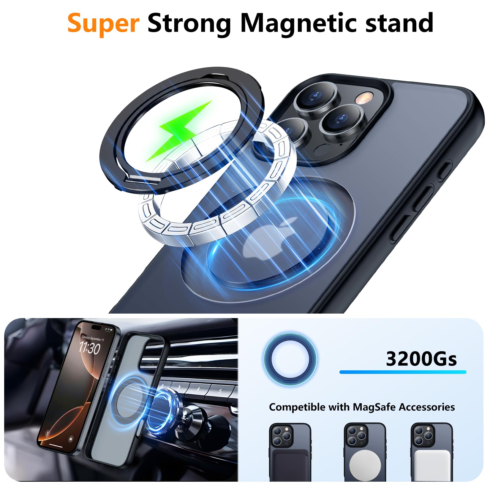 Temdan iPhone 16 Pro Max Case - Matte Black, 360° Rotatable Ring Stand, MagSafe Compatible, Military-Grade Protection, Magnetic Kickstand