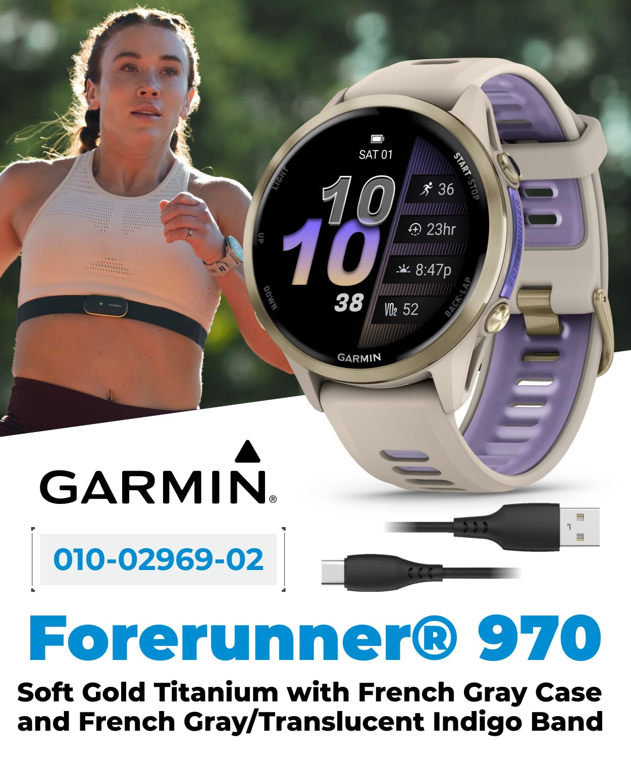 Wearable4U Garmin Forerunner 970 Soft Gold Titanium Smartwatch With French Gray Case And French Gray/Translucent Indigo Band, Am