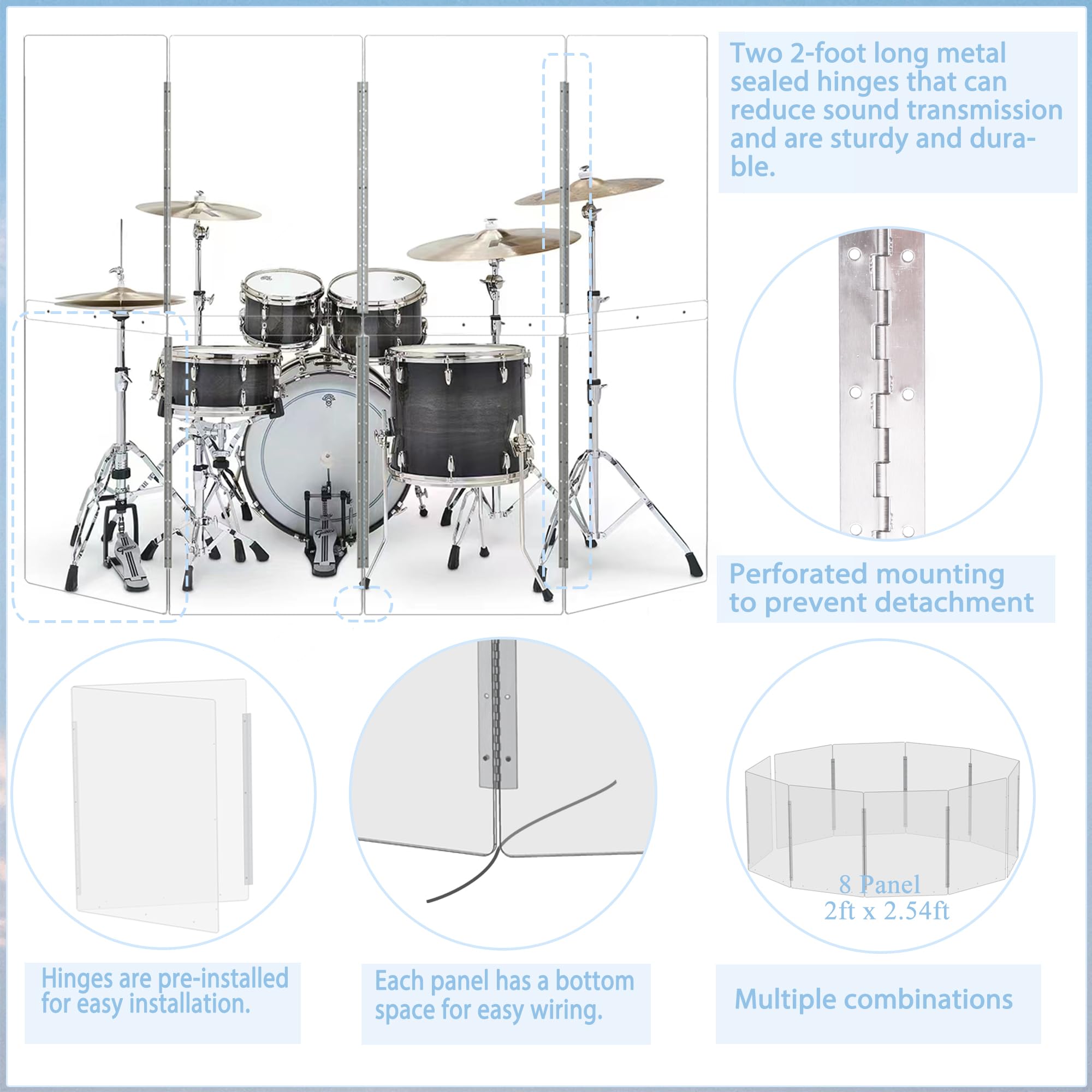 Drum Shield 4 Panels 2Ft X 5Ft - Acrylic With Stainless Steel Hinges - Perfect For Churches, Home Practice, And Live Performance