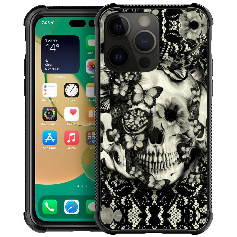 Compatible With Iphone 14 Pro Case, Victorian Gothic Lace Skull Iphone 14 Pro Cases, Tempered Glass Back+Soft Silicone Tpu Shock