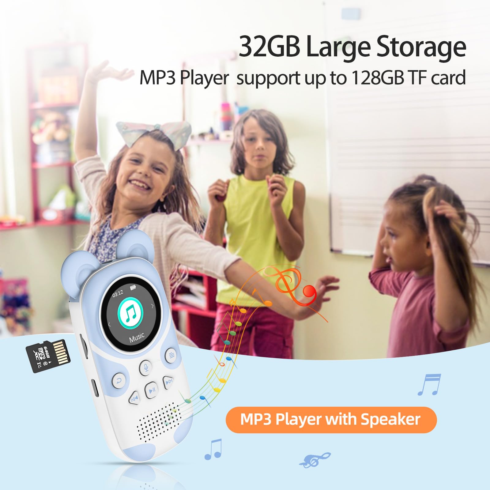 Pinhui Cute Panda Mp3 Player For Kids   32Gb Cartoon Portable Music Player, Child Mp3 Player With Bluetooth, Speaker Built In, F