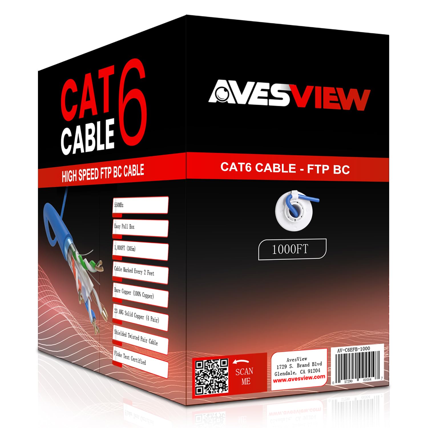 Avesview Cat6 Indoor 1000Ft Shielded Ethernet Cable 23Awg Solid Bare Copper (Bc) For Enhanced Connectivity, 550Mhz Bandwidth, Ov