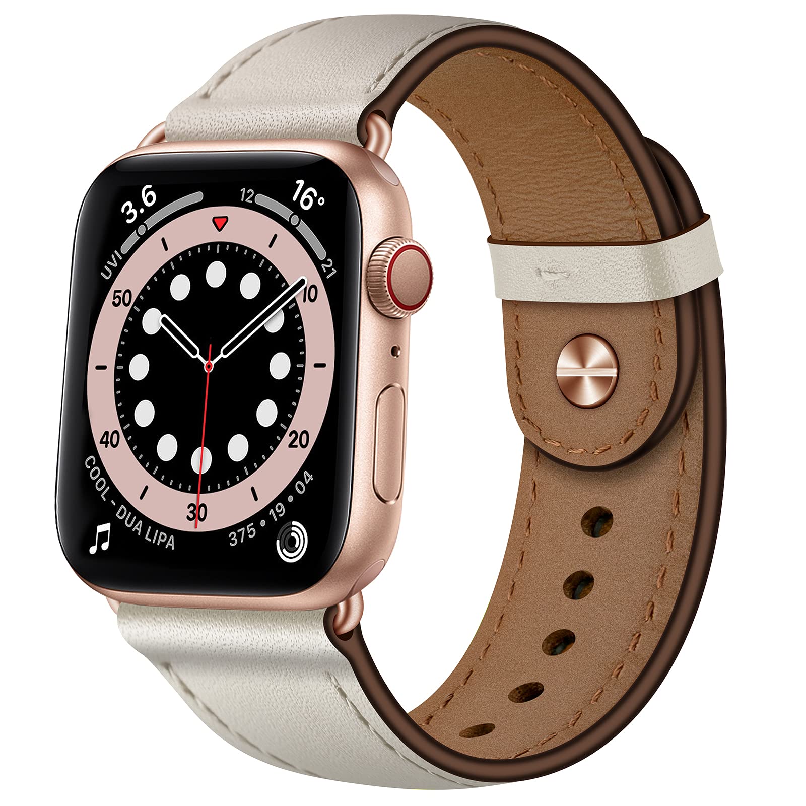 OUHENG Leather Bands Compatible with Apple Watch Band 49mm/46mm/45mm/44mm/42mm, Genuine Leather Strap for iWatch Ultra 3/2/1 & SE 3/2/1 Series 11 10 9 8 7 6 5 4 3 2 1 (Beige/Rose Gold) -Like New