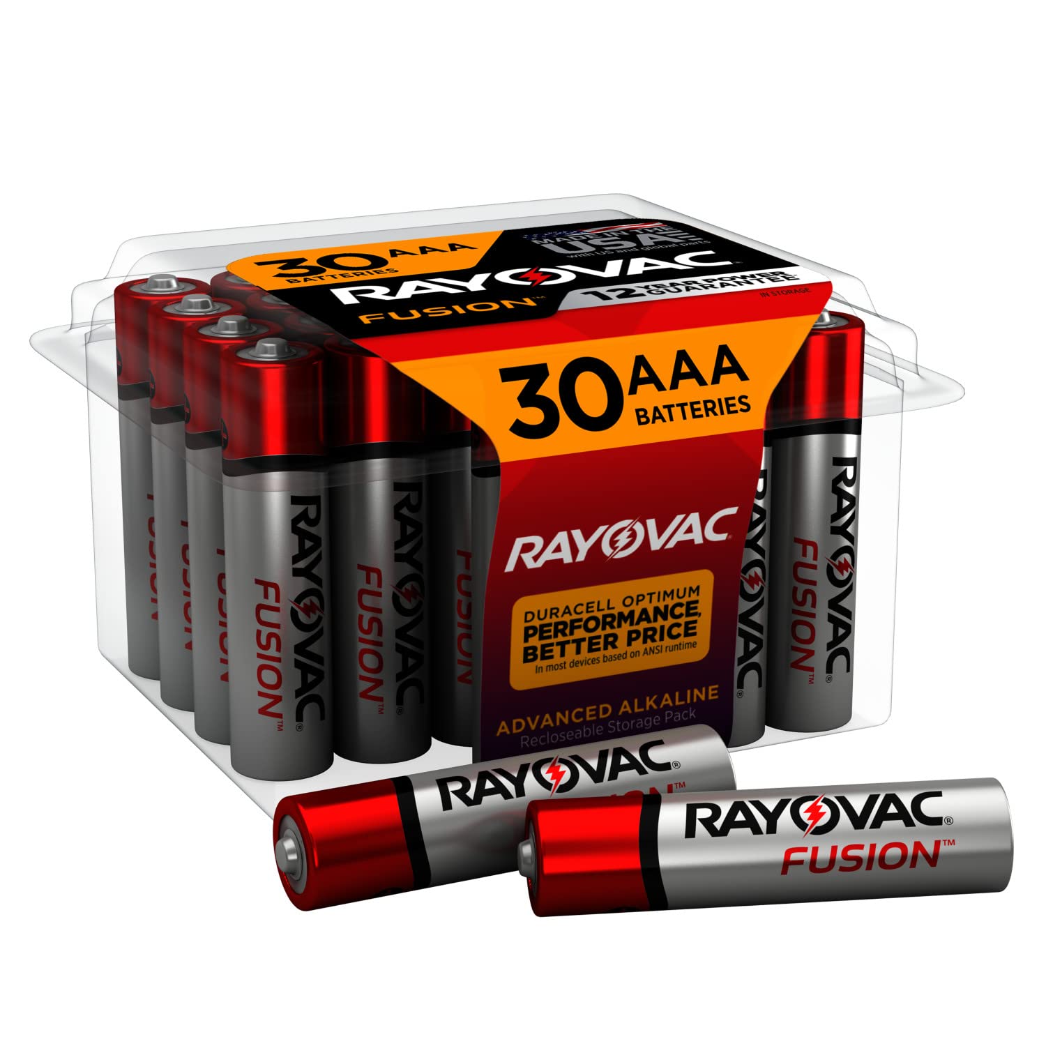 Rayovac Fusion Aaa Batteries, Premium Alkaline Triple A Batteries (30 Battery Count) Red, Silver