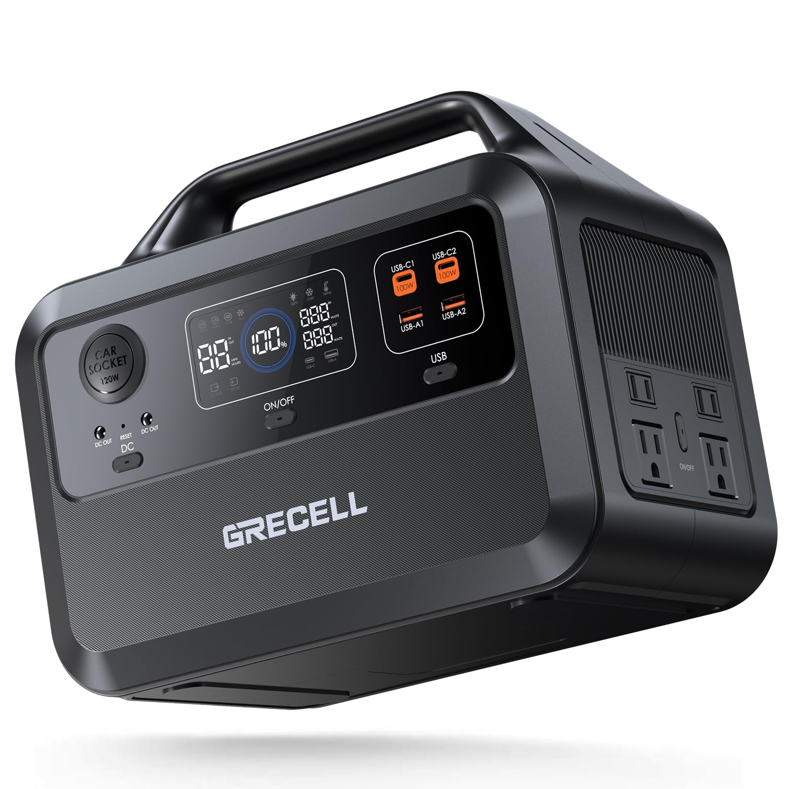 Grecell Portable Power Station 600W(Peak 1200W), 460Wh Lifepo4 Battery, 1.5Hrs Fast Charging, 110V Pure Sine Wave Ac Outlet Back