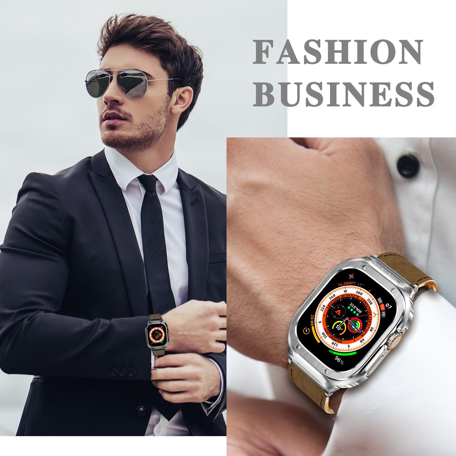 Suplink Leather Watch Bands With Stainless Steel Case Compatible With Apple Watch Ultra 2 Band 49Mm,Genuine Leather Replacement