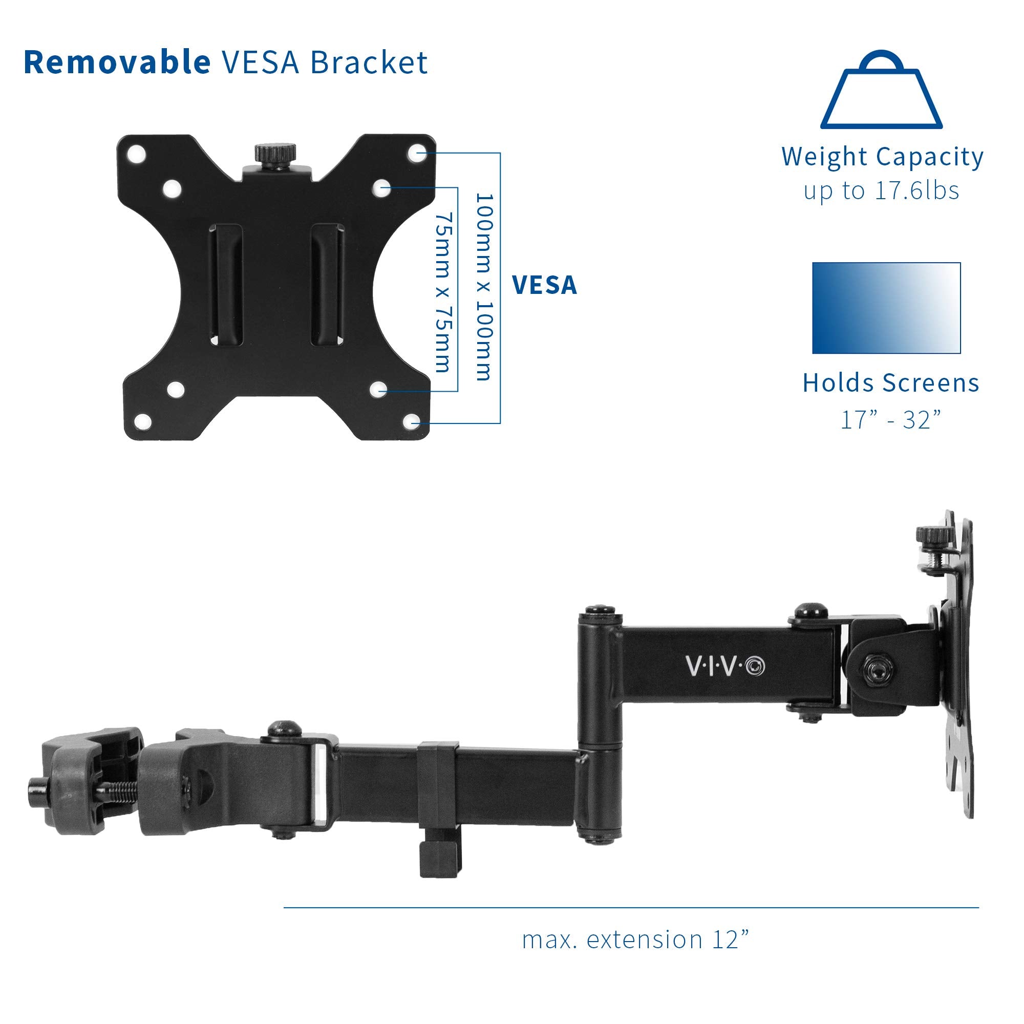 VIVO Steel Universal Full Motion Pole Mount Monitor Arm with Removable 75mm and 100mm VESA Plate, Fits 17 to 32 inch Screens, Black, MOUNT POLE01A
