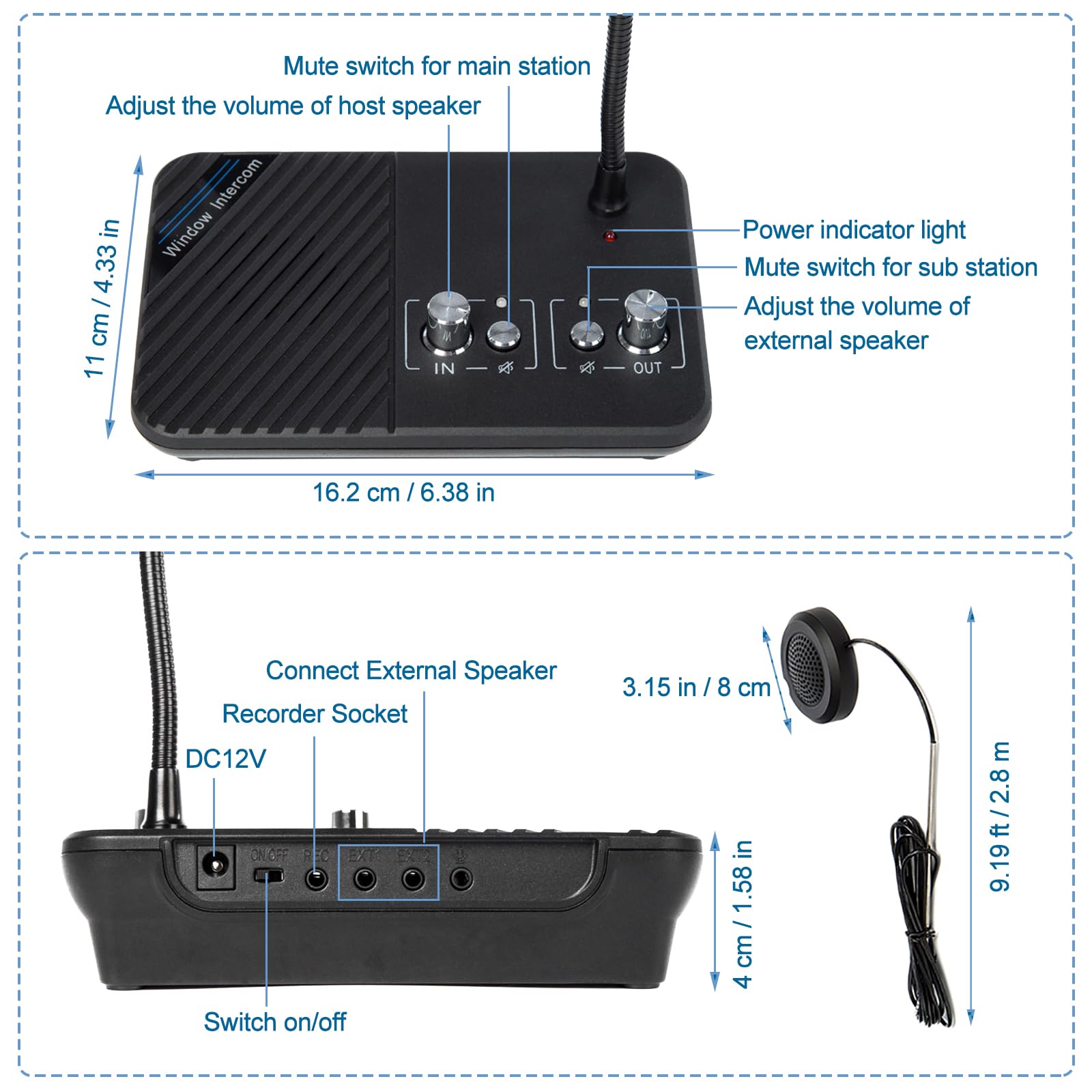 Koqicall Window Speaker Intercom System, Window Intercom, Anti Interference Dual Way Intercommunication Microphone And Speaker I