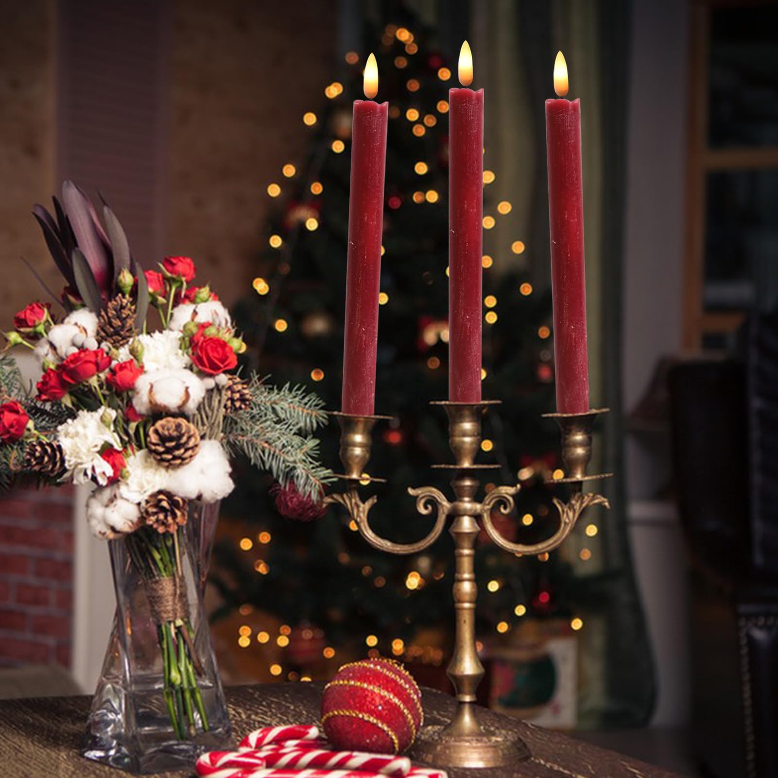 Dromance Red Flameless Taper Candles Battery Operated With 6H Timer, Real Wax 3D Wick Flickering Led Taper Candles Dinner Weddin