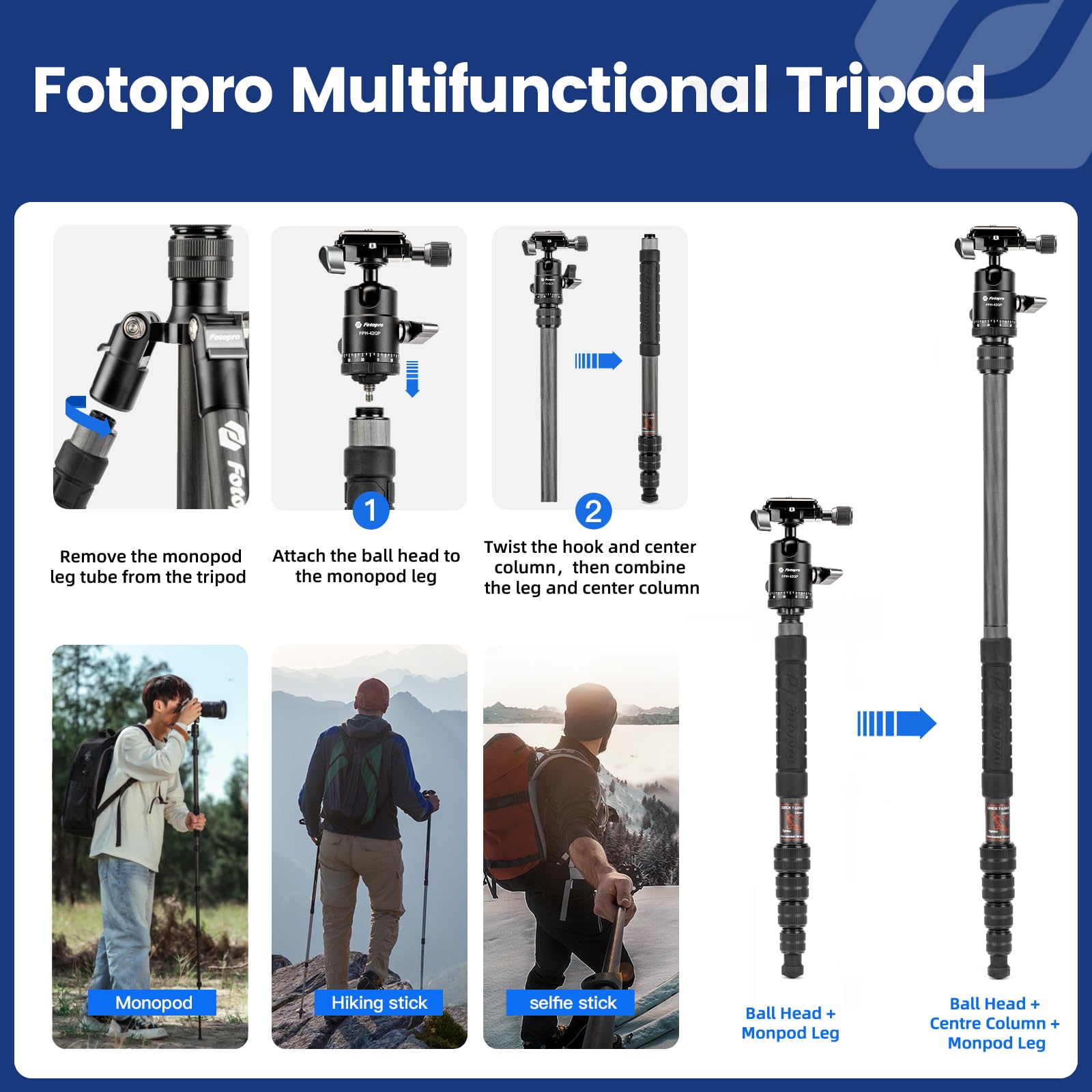 Fotopro 59'' Carbon Fiber Travel Tripod, Lightweight Compact Camera Tripod With Ball Head For Dslr Slr, Compact Detachable Monop