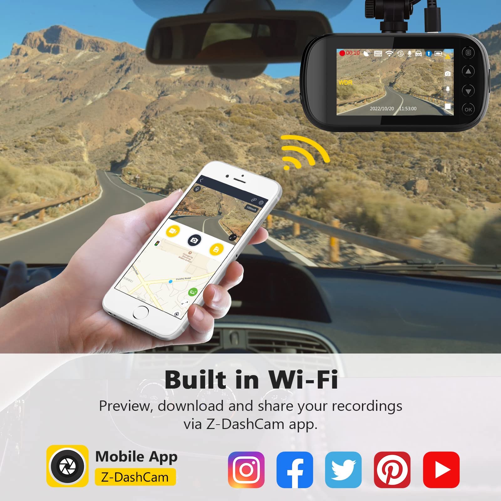 Dash Cam, Z Edge Z3D 2560X1440P Qhd, Front And Rear Dash Cam With Wifi, Gps, Dual Cam, Car Dvr, Night Vision, Parking Mode, G Se