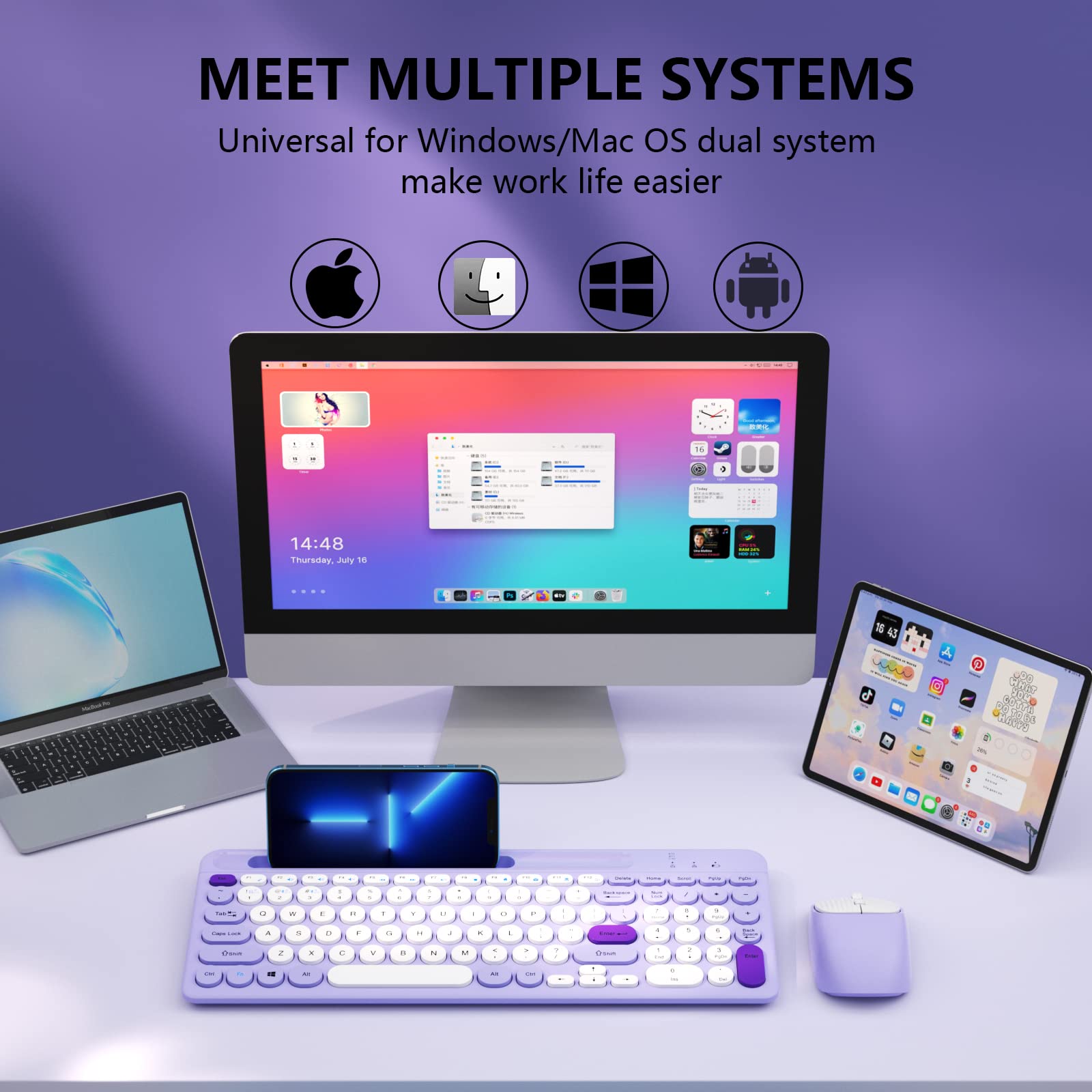 Bluetooth Keyboard And Mouse Wireless, Rechargeable Keyboard And Mouse Combo With Phone Holder (Bluetooth 5.0+3.0+2.4Ghz) Quiet