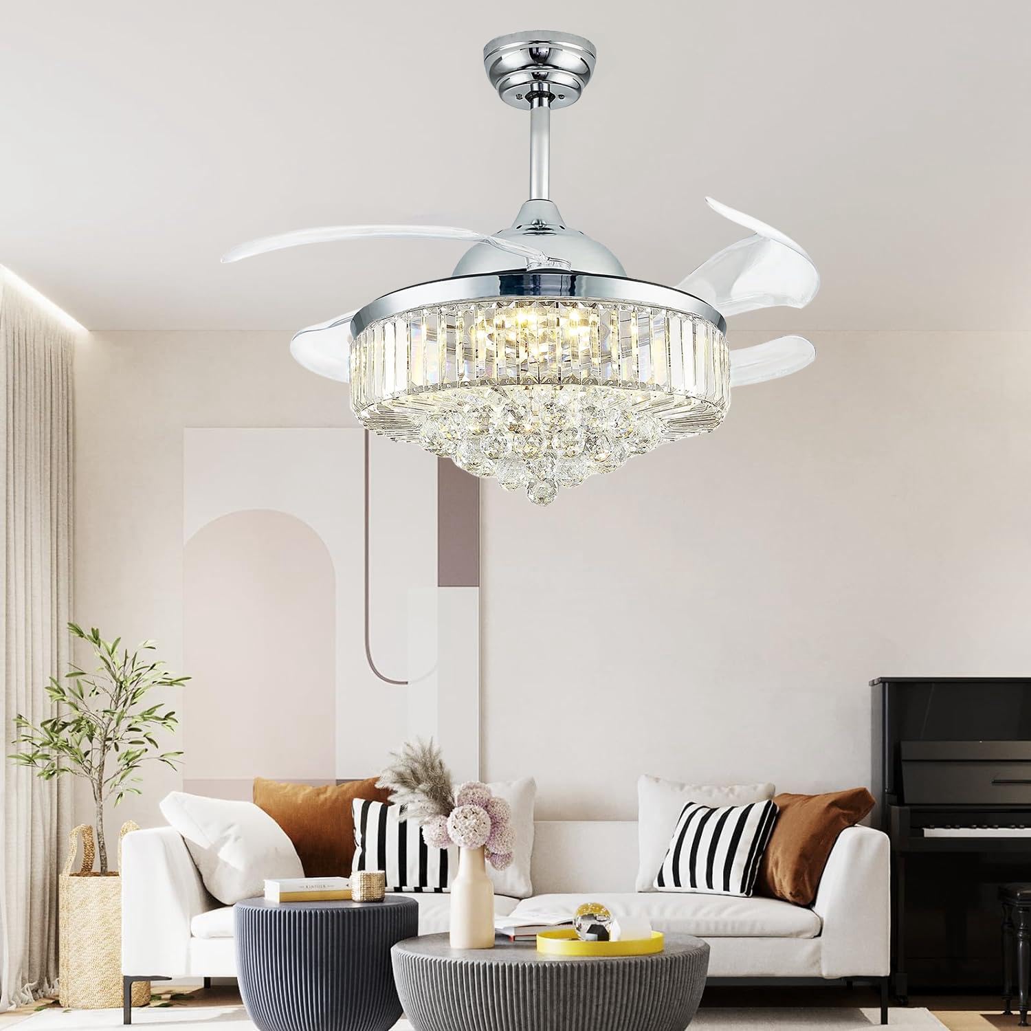 Fidgra 42'' Fandelier Ceiling Fan With Light, Retractable Chandelier Fan Led Dimmable Crystal Ceiling Fan For Bedroom Living Roo