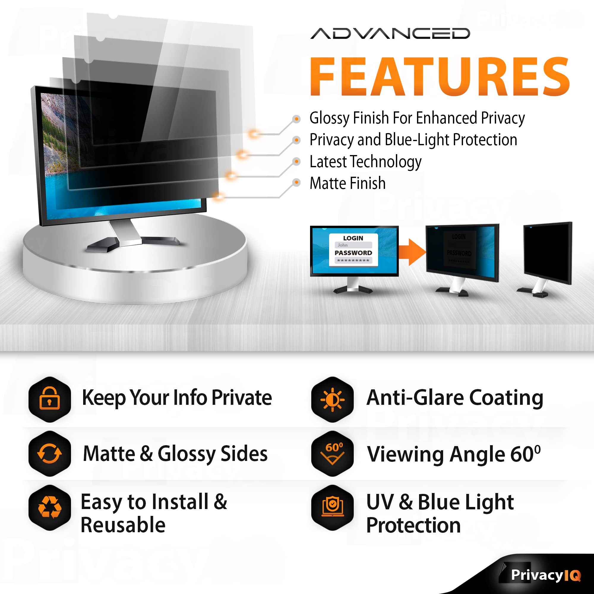 Privacy Iq 24'' Inch 16:9 (2 Pack) Monitor Privacy Screen Filter For 60 Degree Privacy, Advanced Anti Glare, Uv Light Reduction