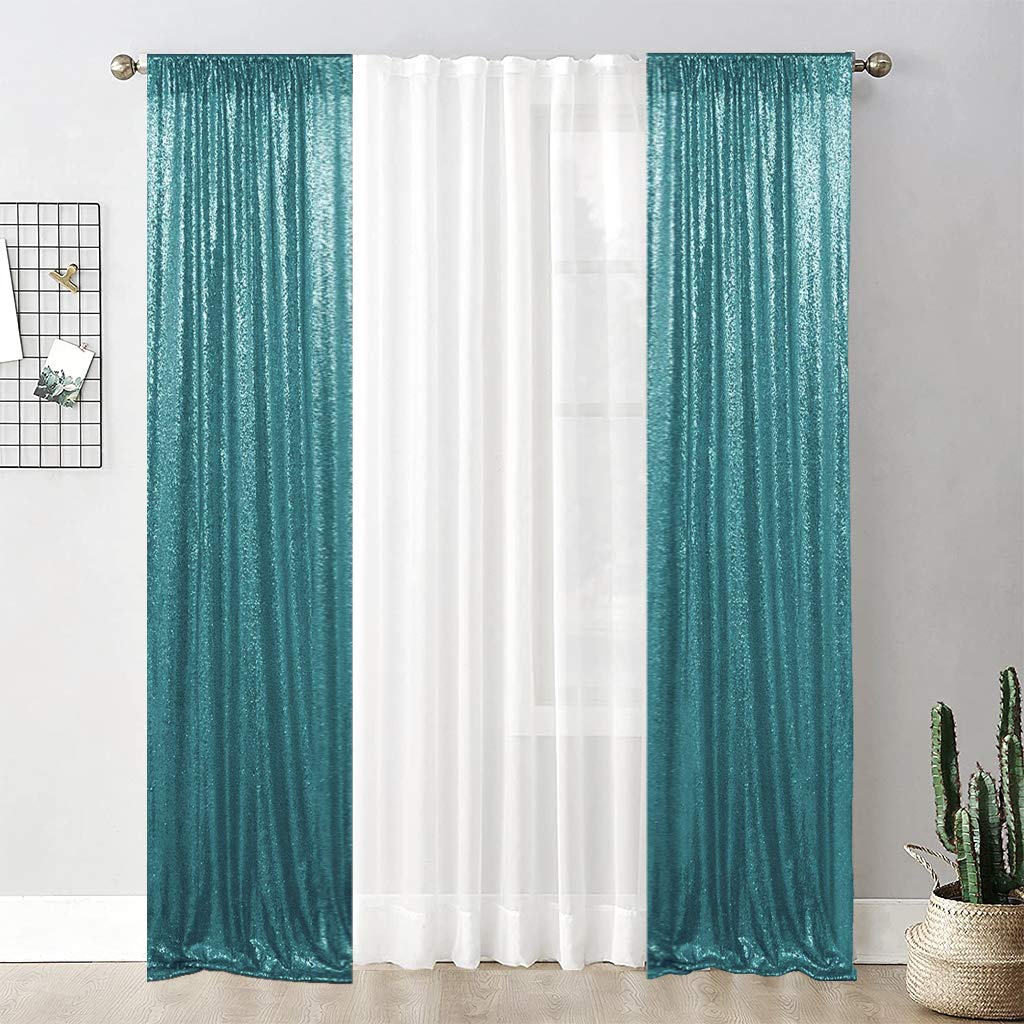 Juya Delight 2Ft X 8Ft X 2Pcs Teal Sequin Photography Backdrop Curtain For Wedding Party Decoration Festival Ceremony