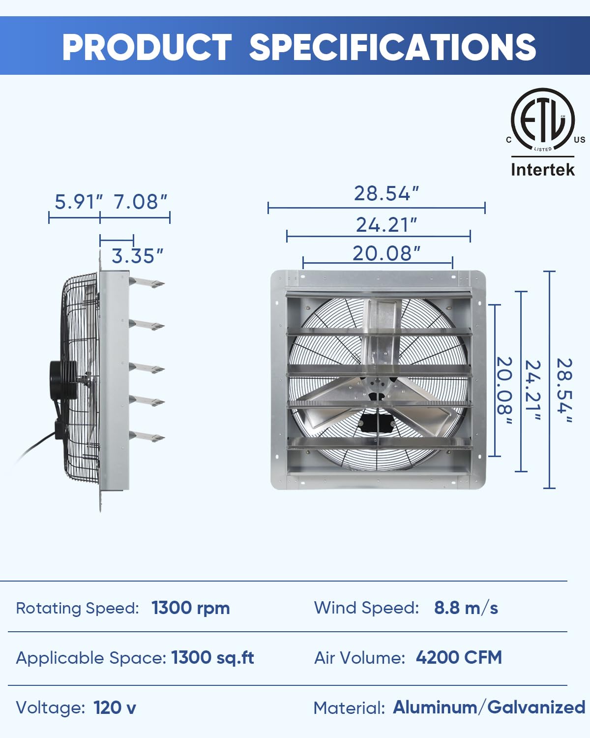 Ken Brown 24 Inch Shutter Exhaust Fan With Speed Controller, 4200Cfm High Speed, Wall Mounted Vent Fan For Garage, Attic, Greenh