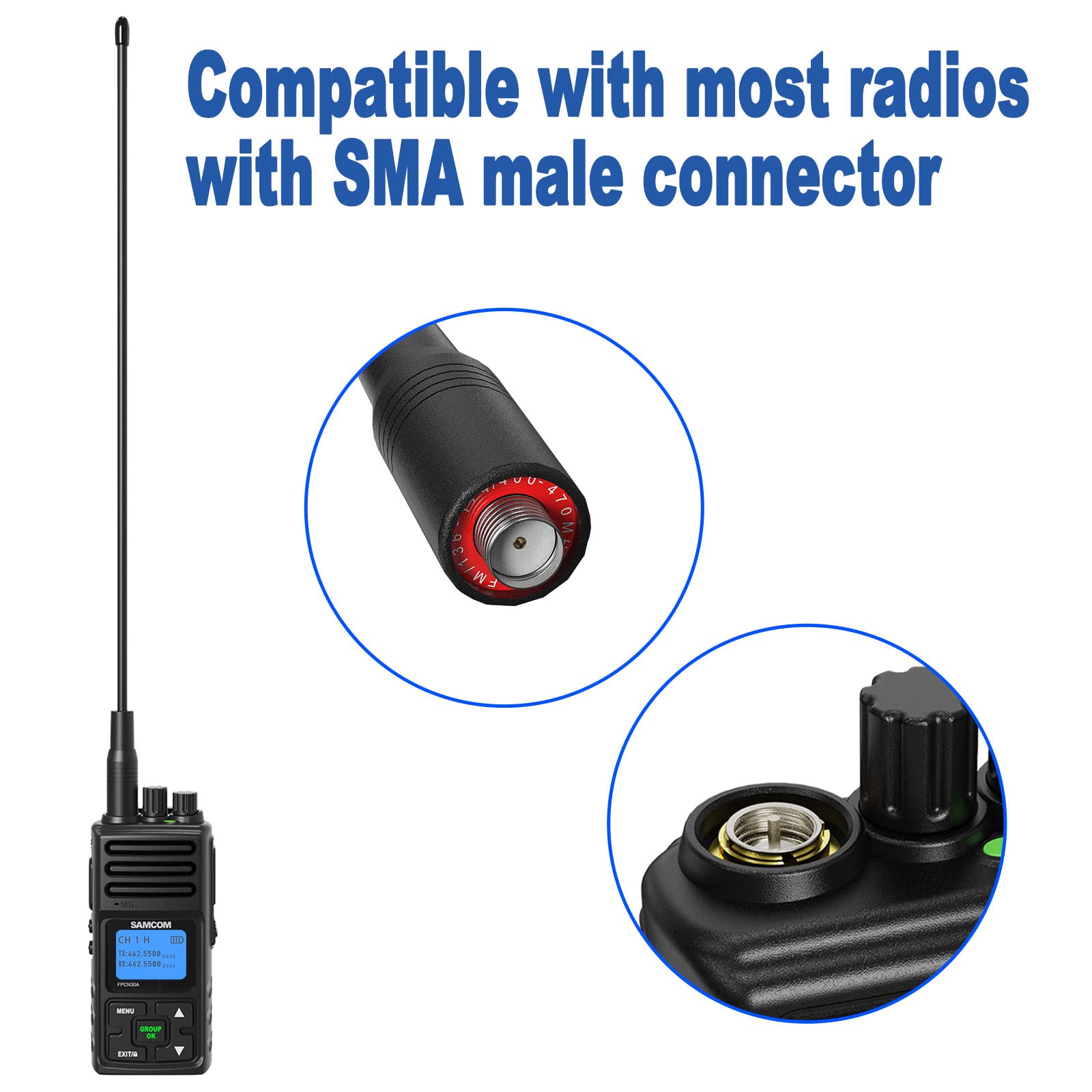 Samcom Walkie Talkie Antenna, 15 Inch Soft Whip Antenna, 20 Watts Elastic Dual Band High Gain Sma Female Antenna Vhf/Uhf(136/470