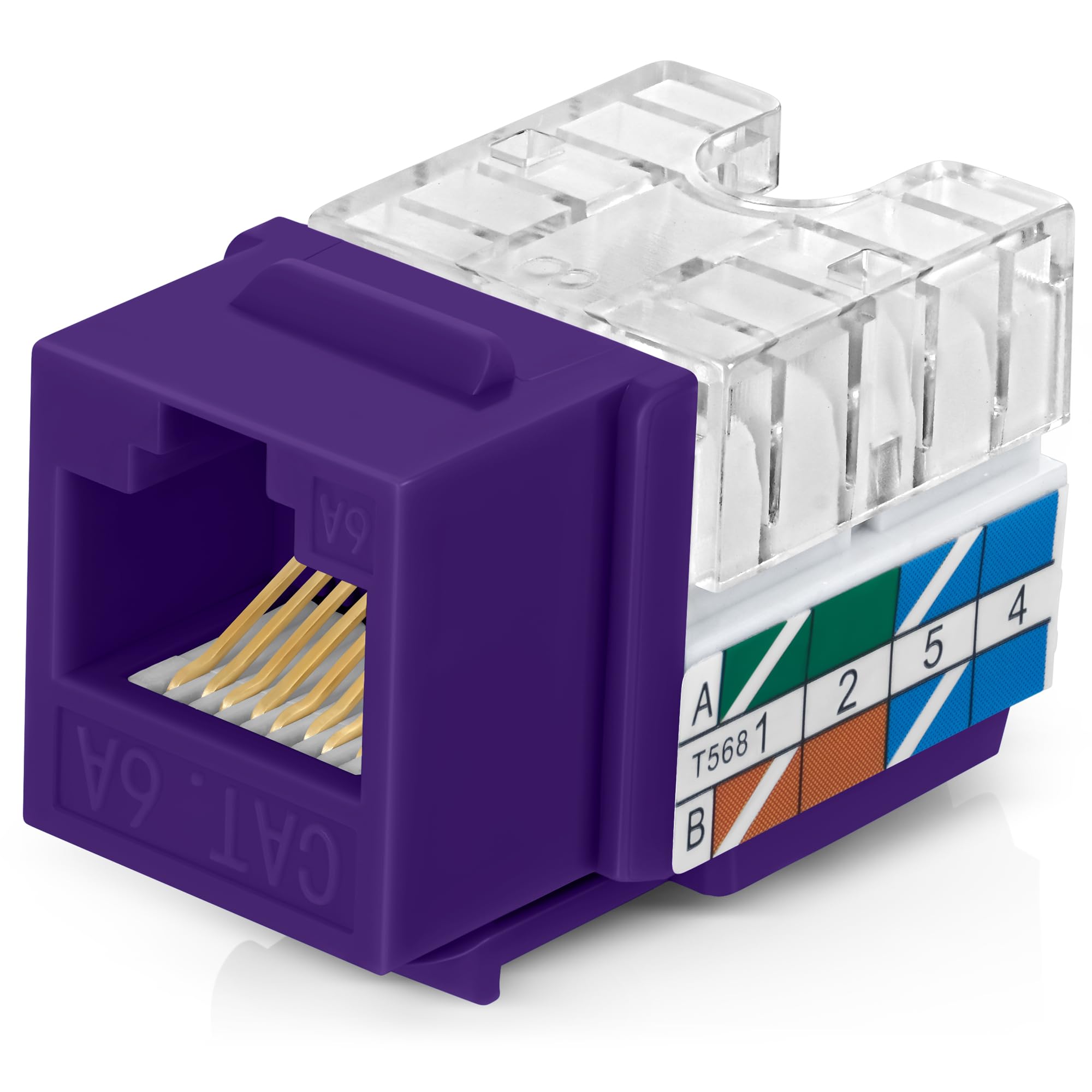Everest 90 Angled RJ45 Cat6A Keystone Jacks 50-Pack in Purple - Slim Profile Female RJ45 Connectors - Cat 6A Keystone Jack - Com