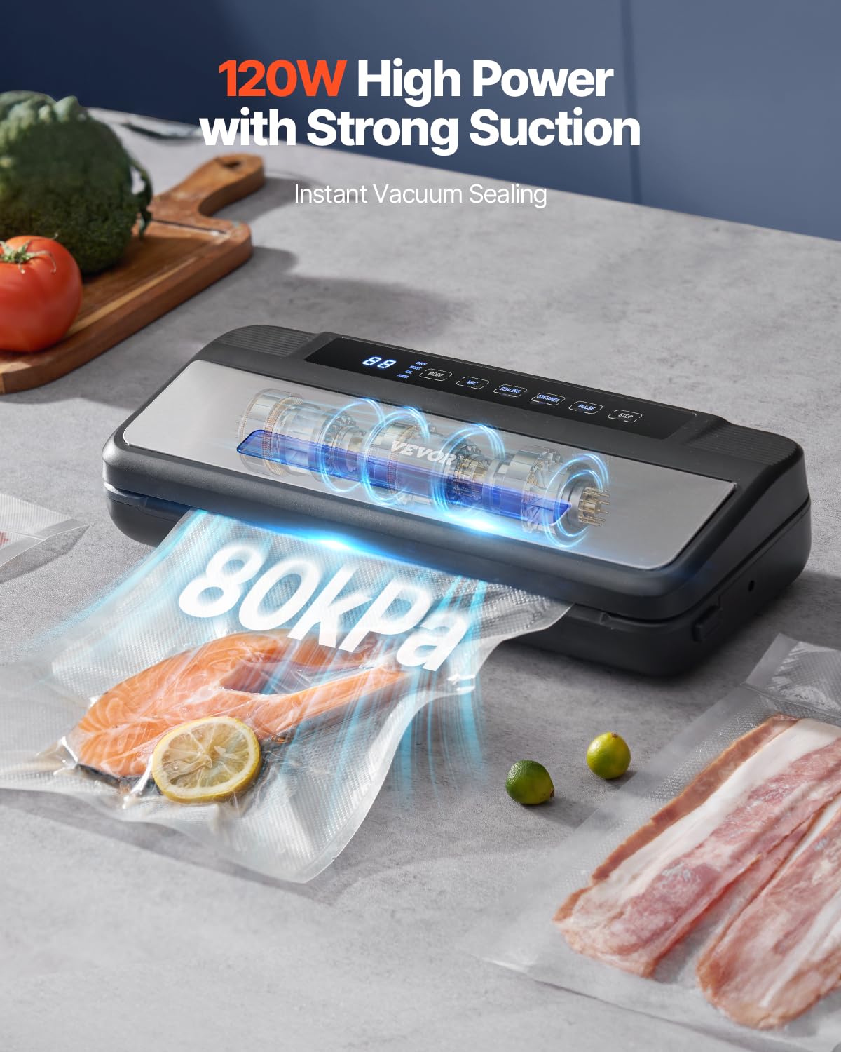 Vevor Vacuum Sealer Machine, 80Kpa 120W Powerful Compact Food Sealer, 7 In 1 Multi Functional Food Vacuum Sealer, Automatic Air