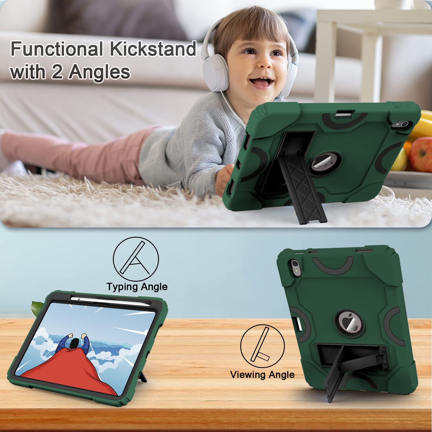 Cantis Case For Ipad 10Th Generation 10.9 Inch 2022, Alpine Green+Black, Shockproof Rugged Protective Cover With Kickstand & Pen