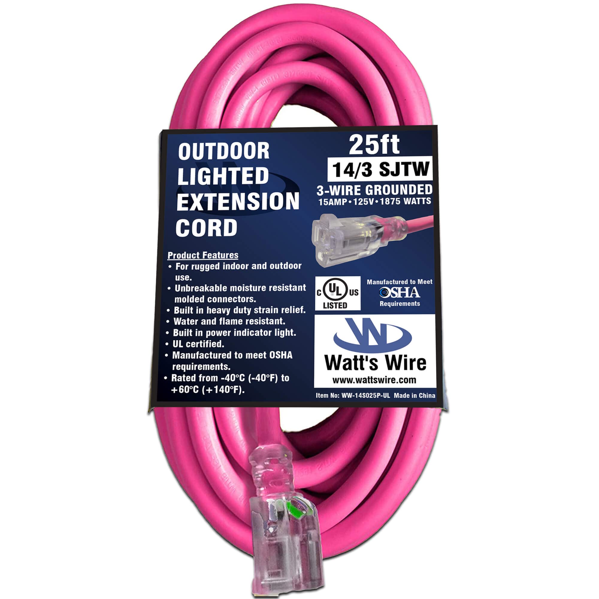 25 Ft   14 Gauge Heavy Duty Extension Cord   Lighted Sjtw   Indoor/Outdoor Extension Cord By Watt'S Wire   25' 14 Gauge Grounded