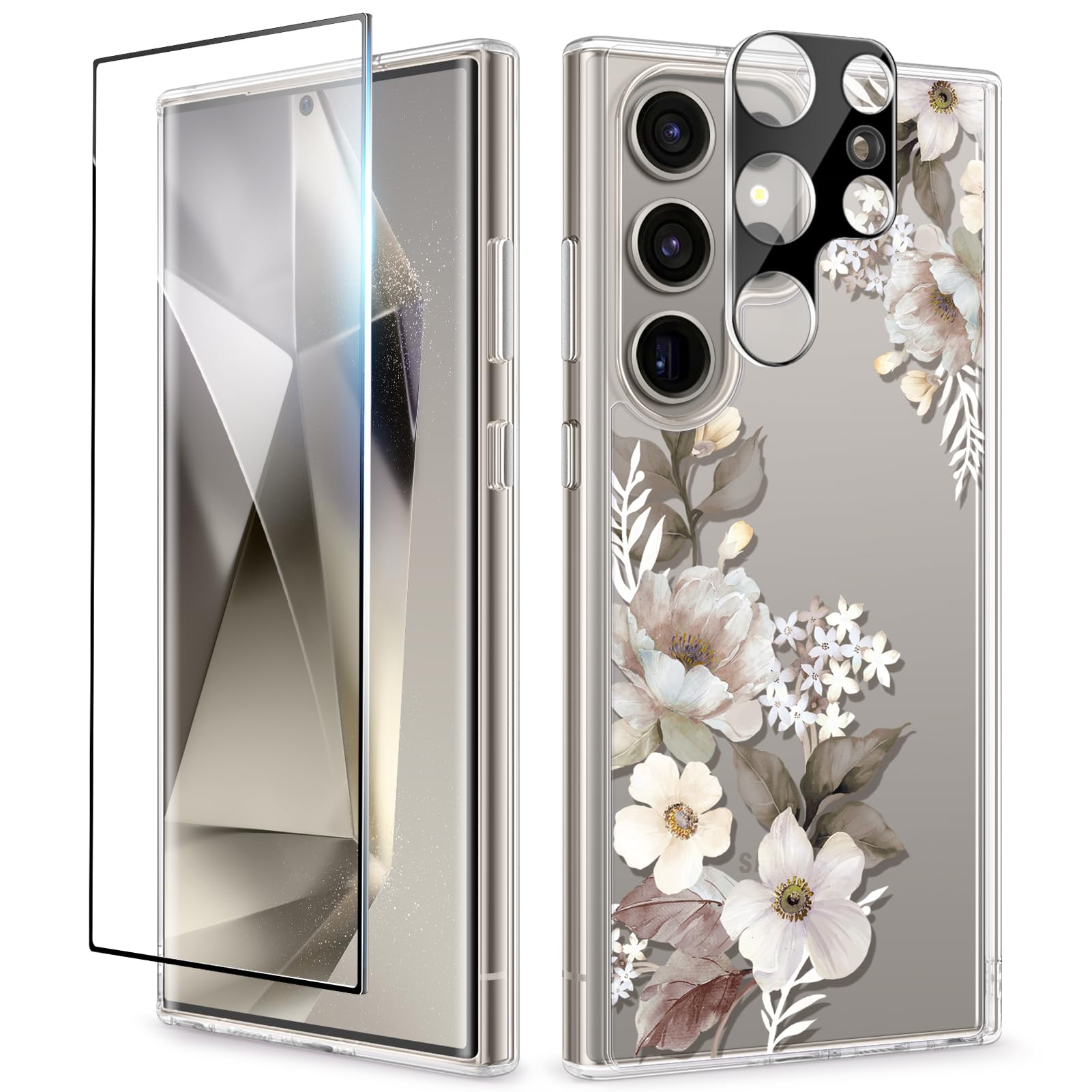 Gviewin For Samsung Galaxy S24 Ultra Case With Screen Protector+Camera Protector, [Mil Grade Drop Protection] Floral Clear Slim