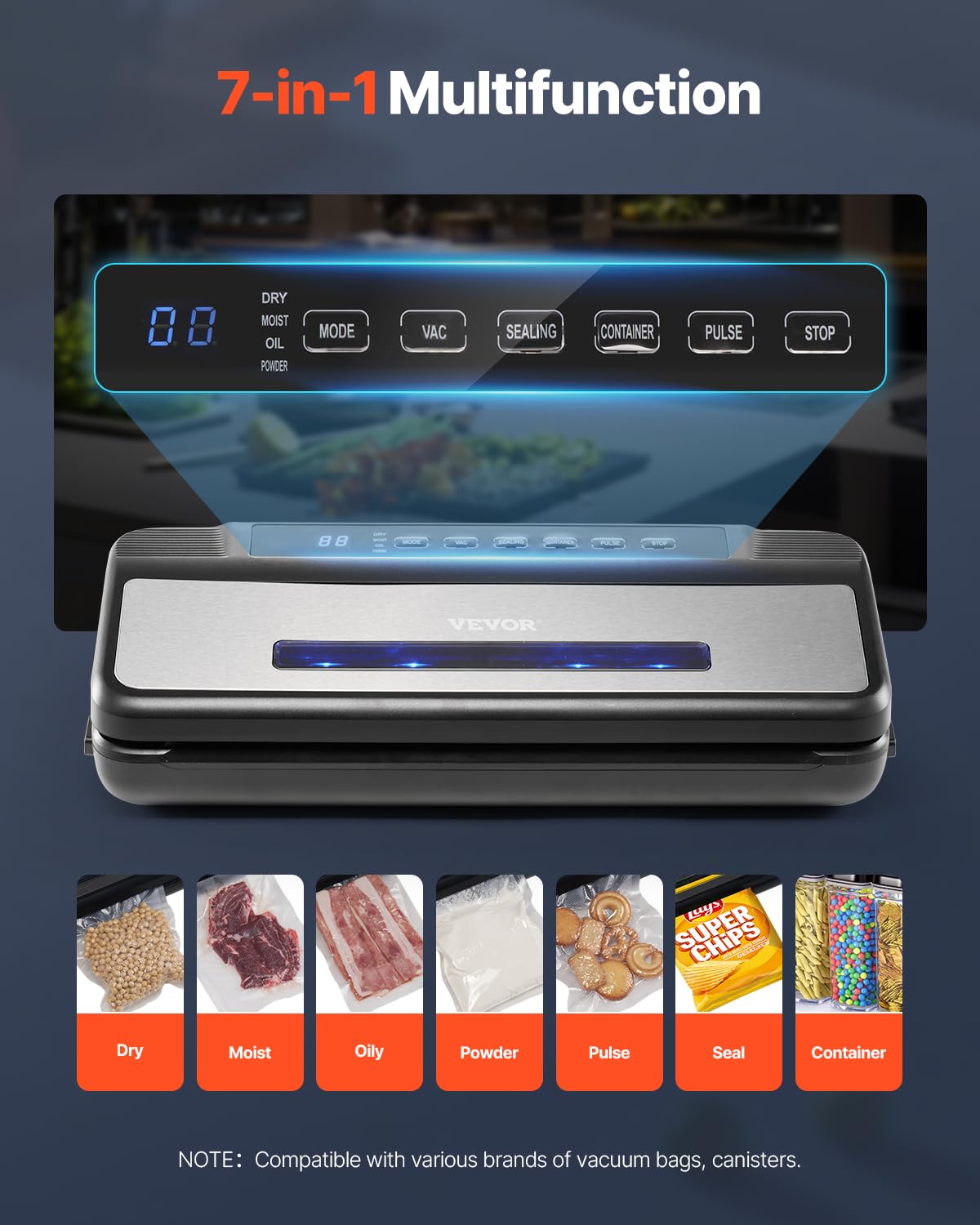 Vevor Vacuum Sealer Machine, 80Kpa 120W Powerful Compact Food Sealer, 7 In 1 Multi Functional Food Vacuum Sealer, Automatic Air