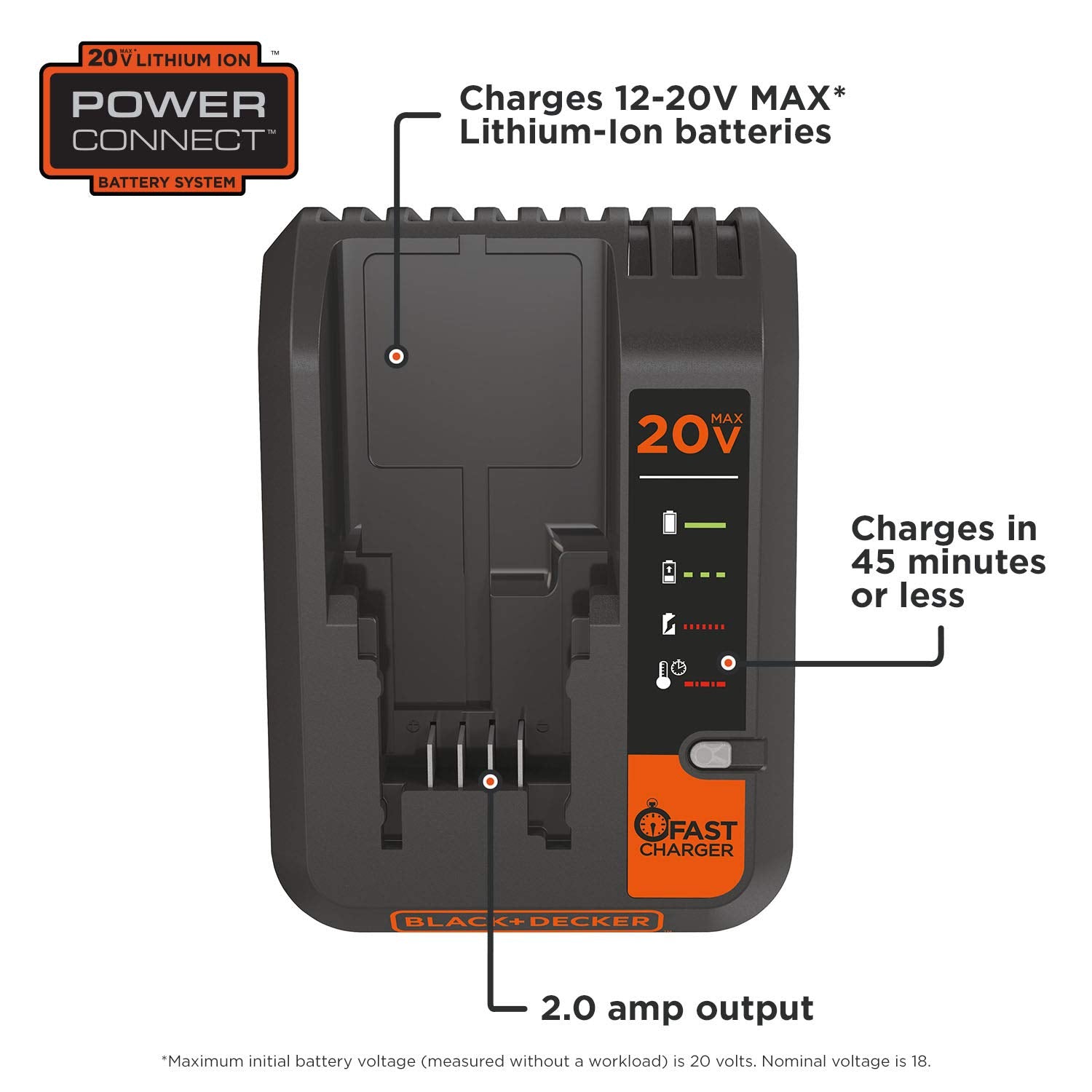 Black+Decker 20V Max Lithium Battery Charger, 2 Amp (Bdcac202B)