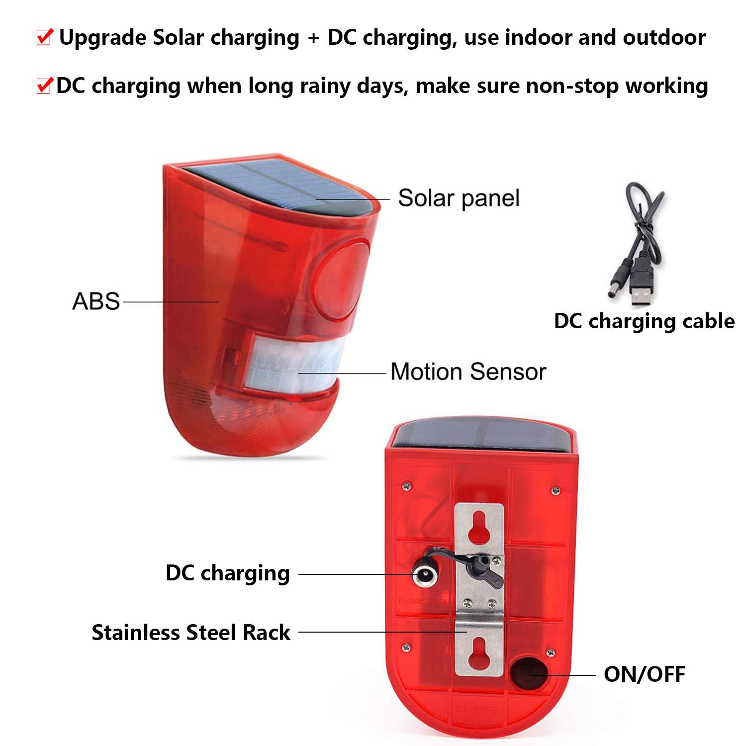 Solar Sound & Light Alarm Motion Sensor 110 Decibels Siren Sound Alert & 6Leds Flash Warning Strobe Security Alarm System For Fa