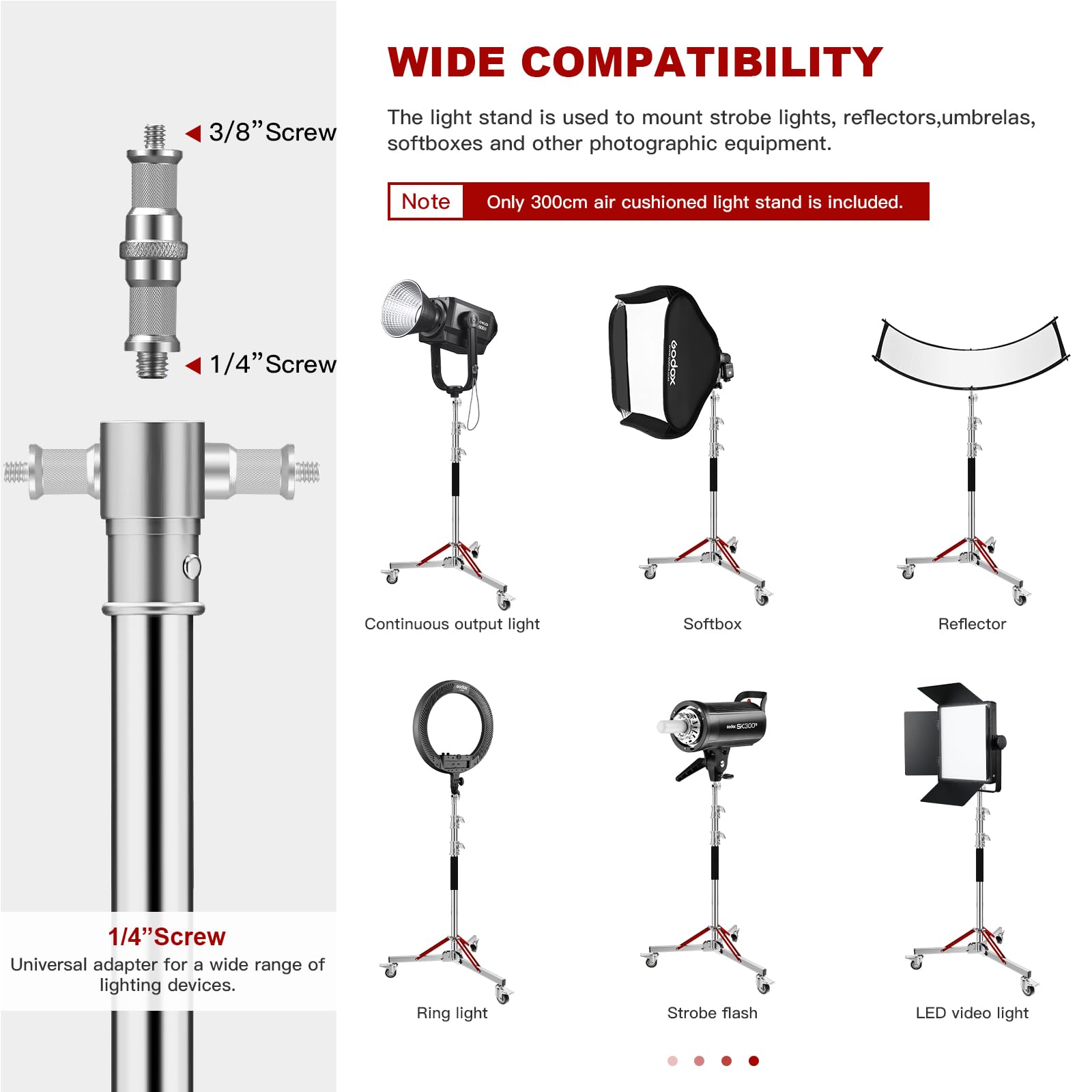 Heavy Duty Light Stand With Casters 100% Stainless Steel 30Kg/66Lb Load Bearing Adjustable 130/4.3Ft   305Cm/10Ft Photography Li
