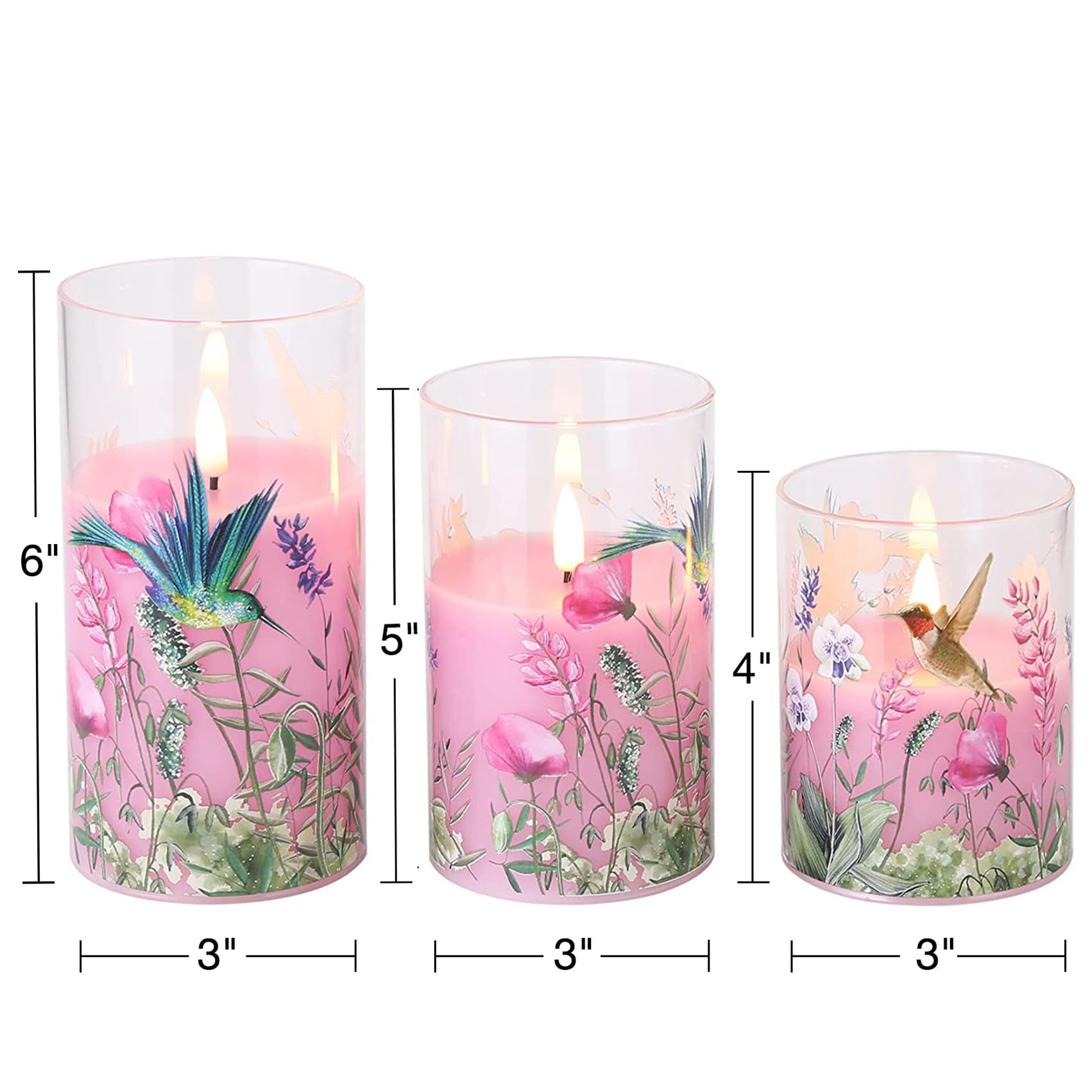 Girimax Pink Hummingbird Glass Led Candles With Remote, Flickering Flameless Candles Battery Operated F 3'' H 4'' 5'' 6''