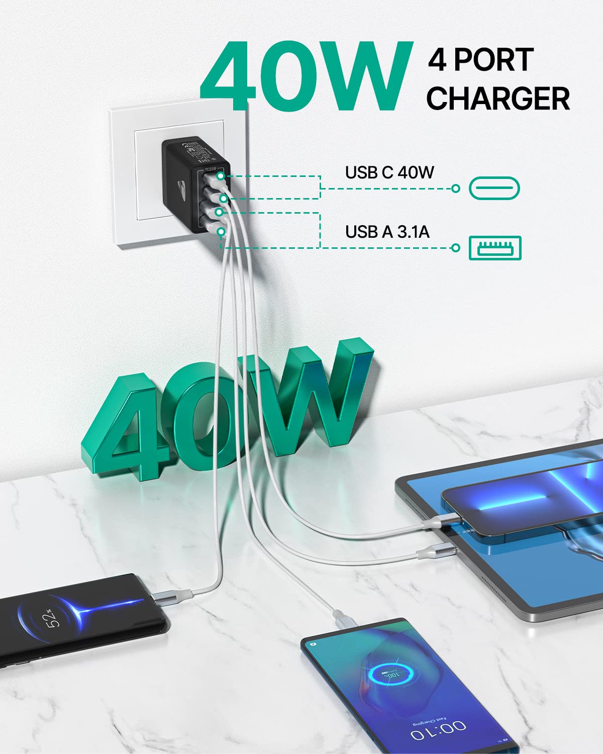 Usb C Wall Charger Block 3 Pack, Aiminu 40W 4 Port Pd Power Delivery Fast Type C Charging Block Plug Adapter For Iphone 15/14/13