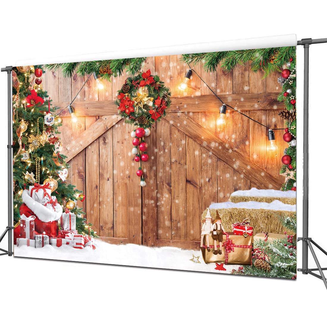 Cylyh 7X5Ft Christmas Barn Wood Door Photography Backdrop Xmas Tree Snow Gift Wall Floor Party Photo Background For Holiday New