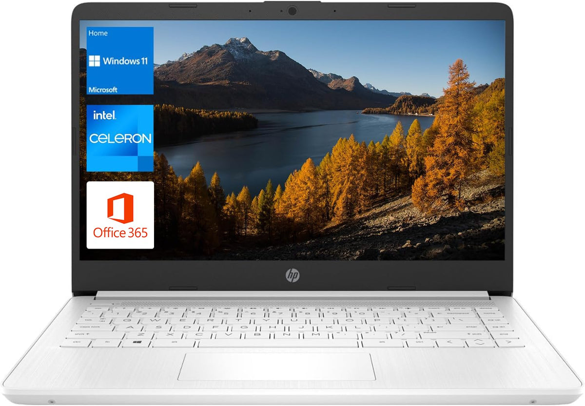 HP Portable Laptop, Student and Business, 14' HD Display, Intel Quad Core N4120, 8GB DDR4 RAM, 64GB eMMC, 1 Year Office 365, Webcam, SD Card Reader, HDMI, Wi Fi, Windows 11 Home, White, KKE Mousepad
