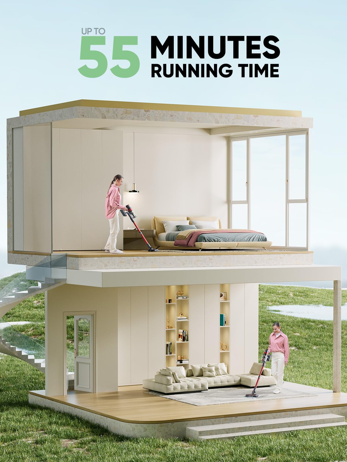 Cordless Vacuum Cleaner, 450W 40Kpa Stick Vacuum With Touch Screen, 55 Mins Runtime Rechargeable Vacuum, Lightweight Powerful Va