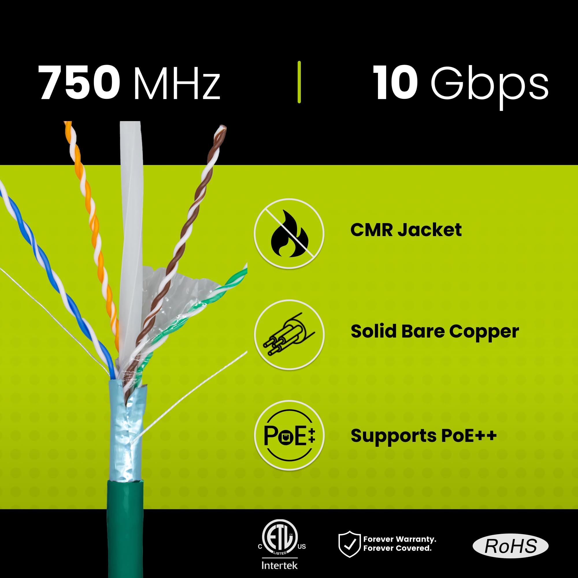 Truecable Cat6A Shielded Riser (Cmr), 1000Ft, Green, 23Awg Solid Bare Copper, 750Mhz, Poe++ (4Ppoe), Etl Listed, Overall Aluminum Foil Shield (F/Utp), Bulk Ethernet Cable