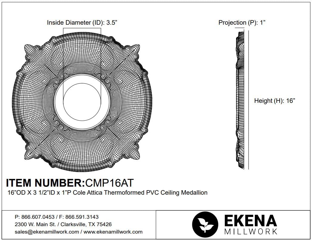 Ekena Millwork Cmp16At Attica Thermoformed Pvc Ceiling Medallion (Fits Canopies Up To 5 5/8), 16Od X 3 1/2Id X 1P