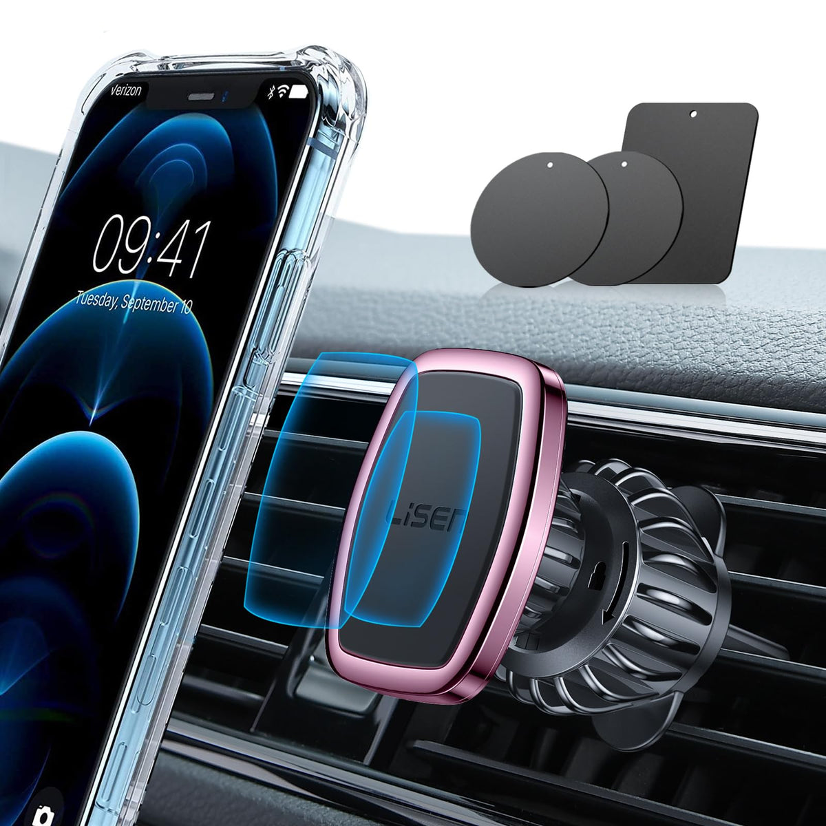 Lisen Magnetic Phone Holder For Car, [Easily Install] Car Phone Holder Mount [6 Strong Magnets] Cell Phone Holder For Car [Case 
